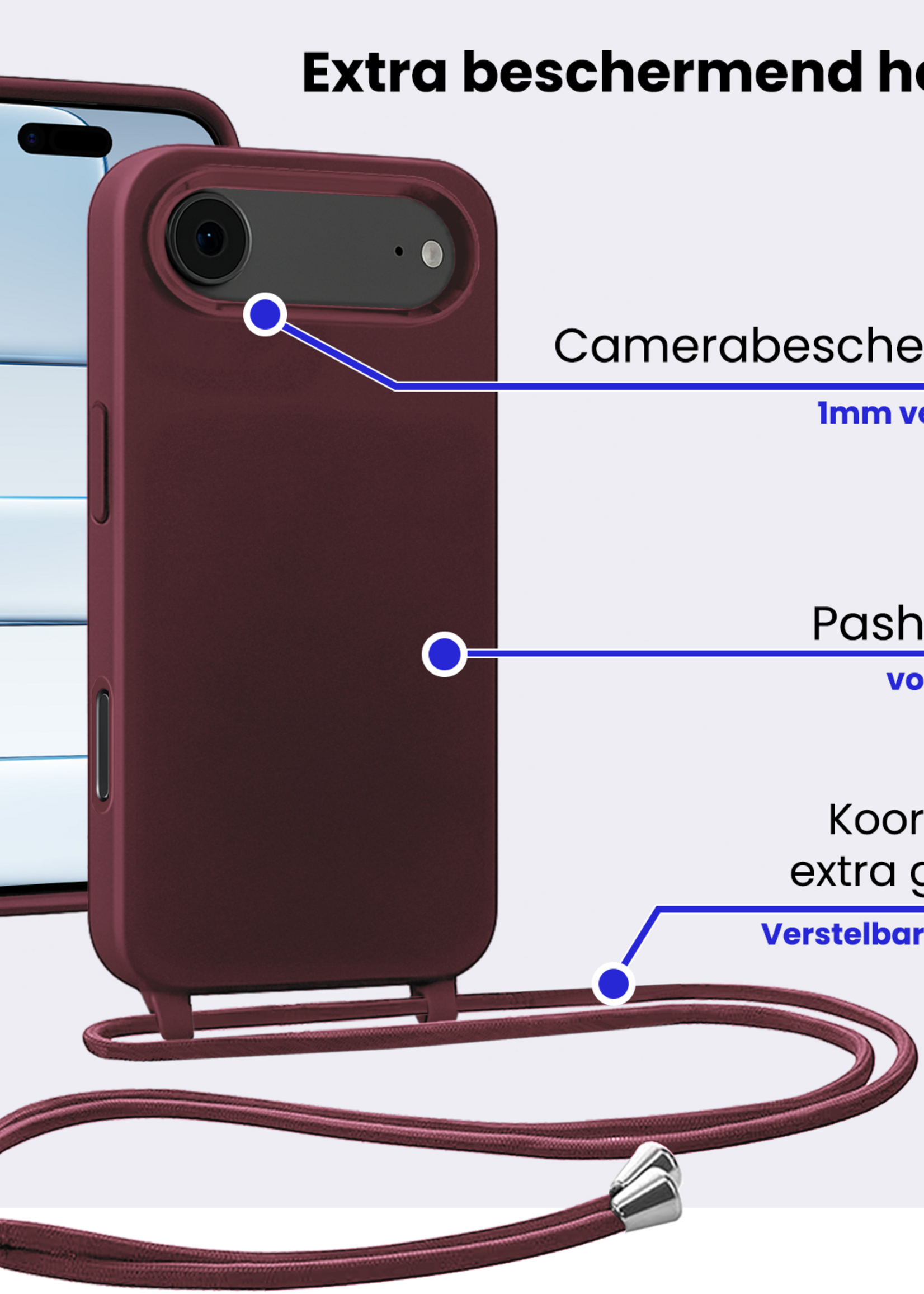 BTH BTH iPhone Air Hoesje met Koord Met Screenprotector - Aubergine