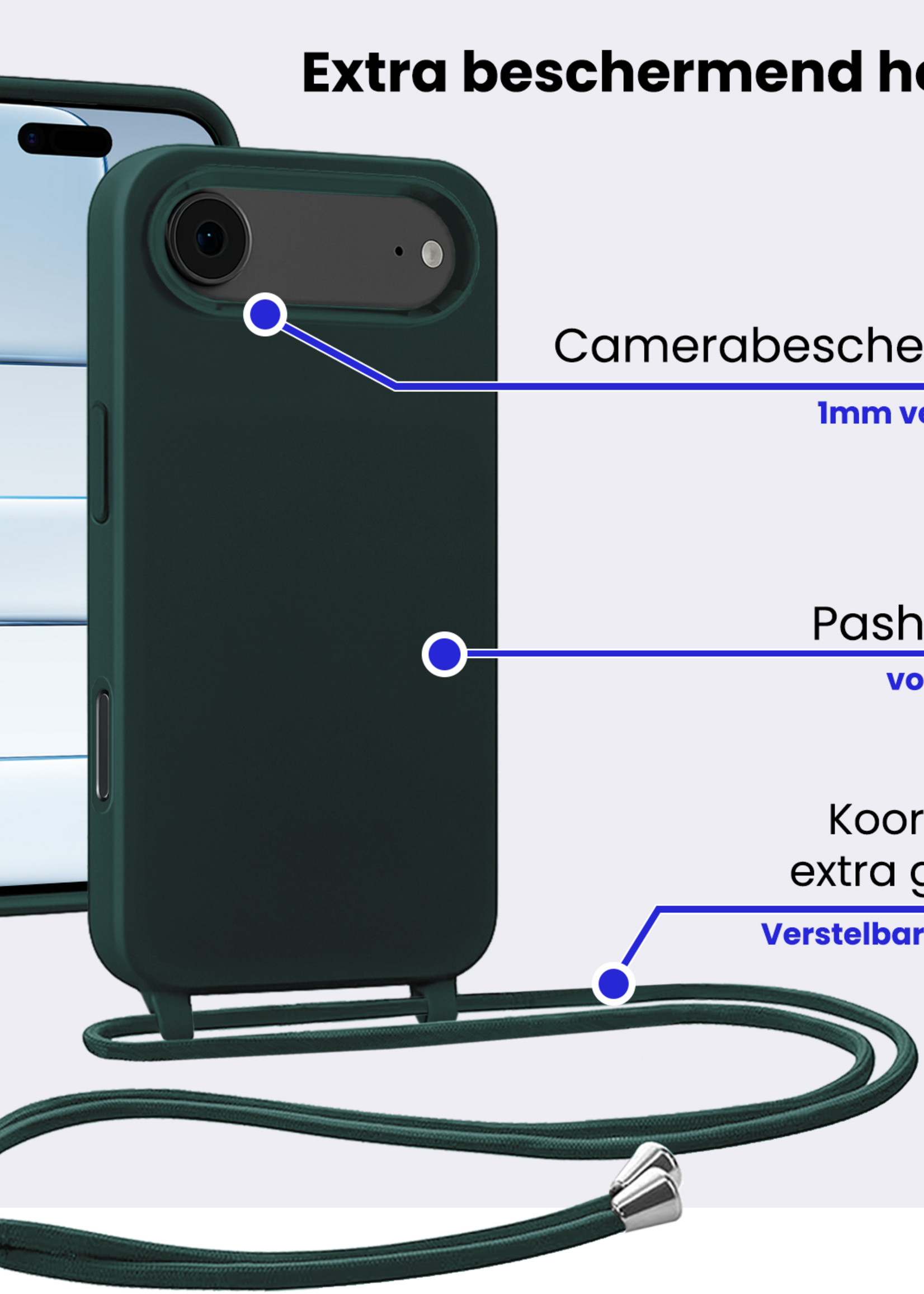 BTH BTH iPhone Air Hoesje met Koord Met 2x Screenprotector - Donkergroen
