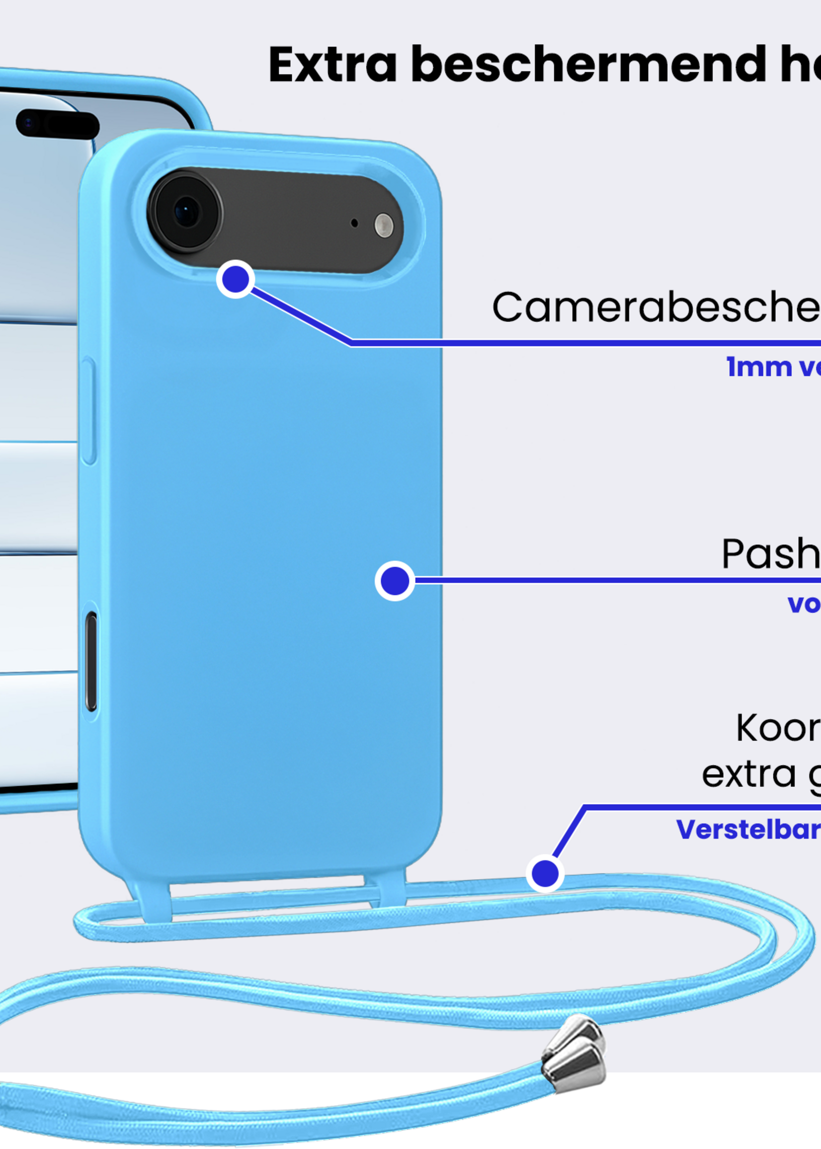 BTH BTH iPhone Air Hoesje met Koord Met 2x Screenprotector - Lichtblauw