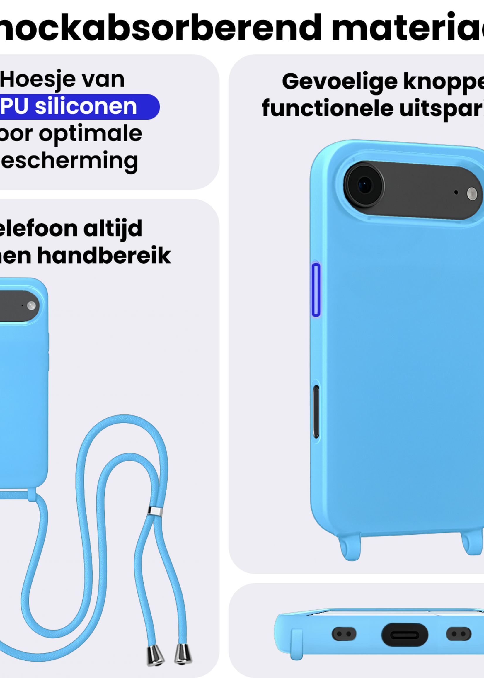 BTH BTH iPhone Air Hoesje met Koord Met 2x Screenprotector - Lichtblauw