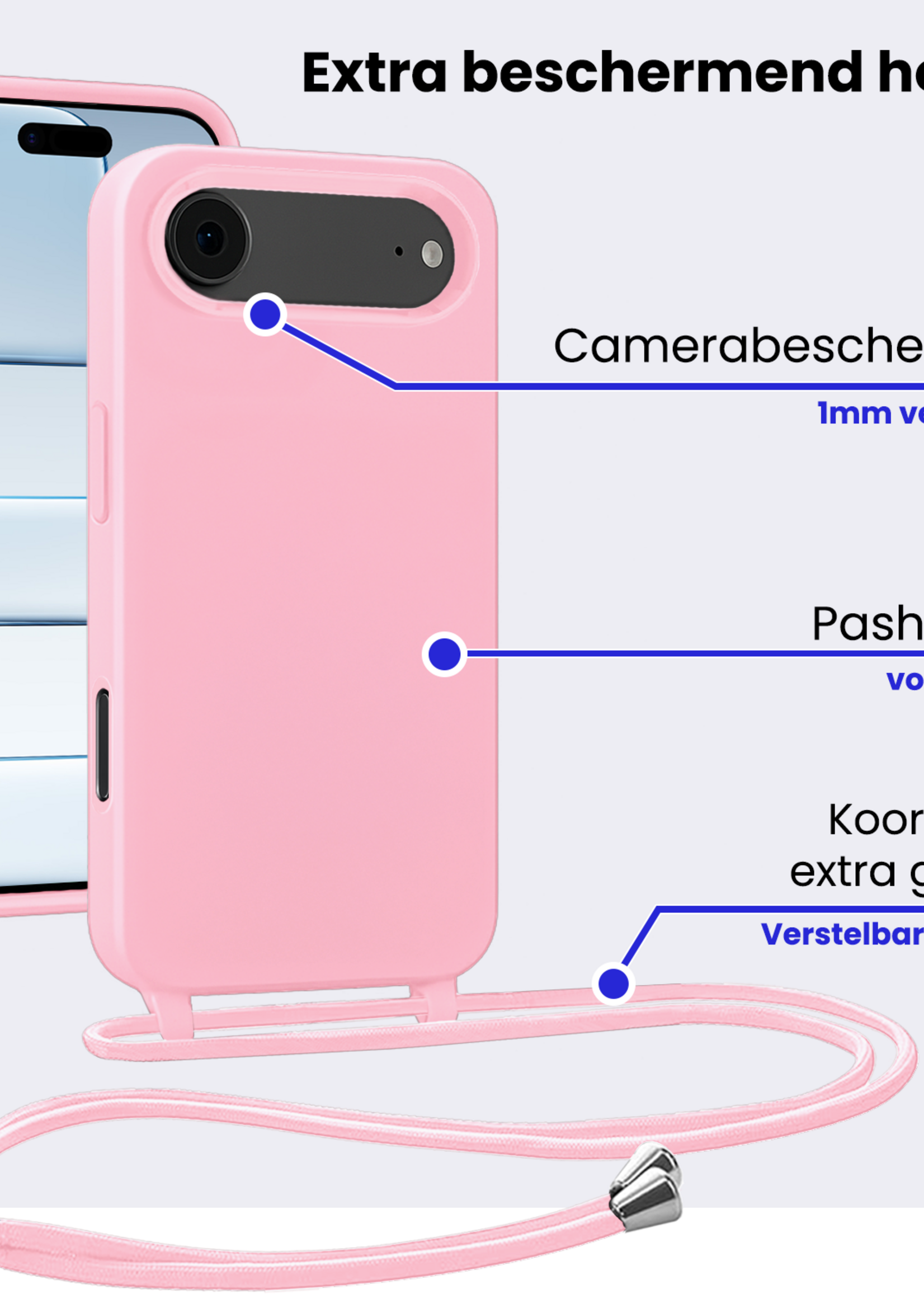 BTH BTH iPhone Air Hoesje met Koord Met Screenprotector - Lichtroze