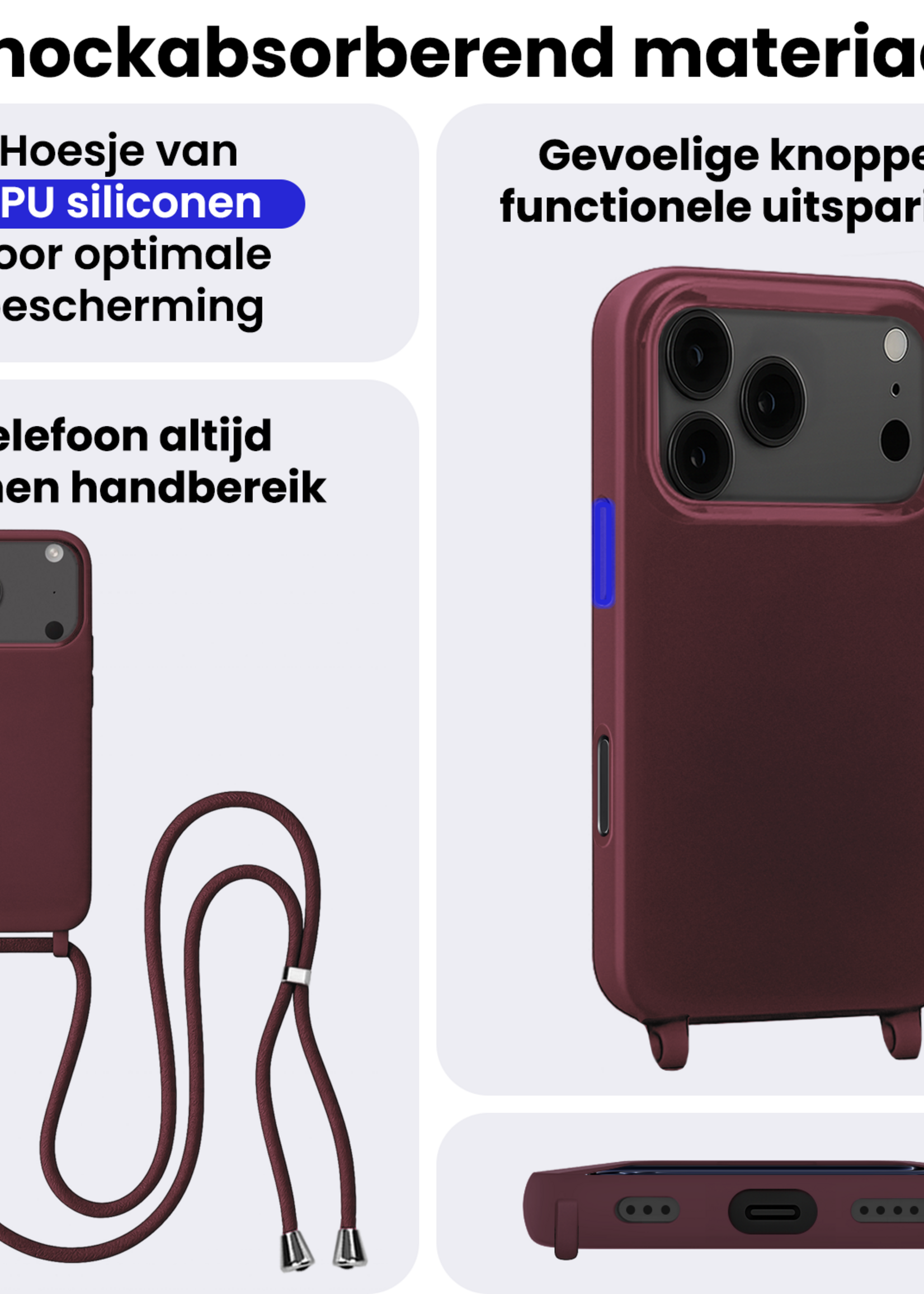 BTH BTH iPhone 17 Pro Hoesje met Koord - Aubergine - 2 PACK