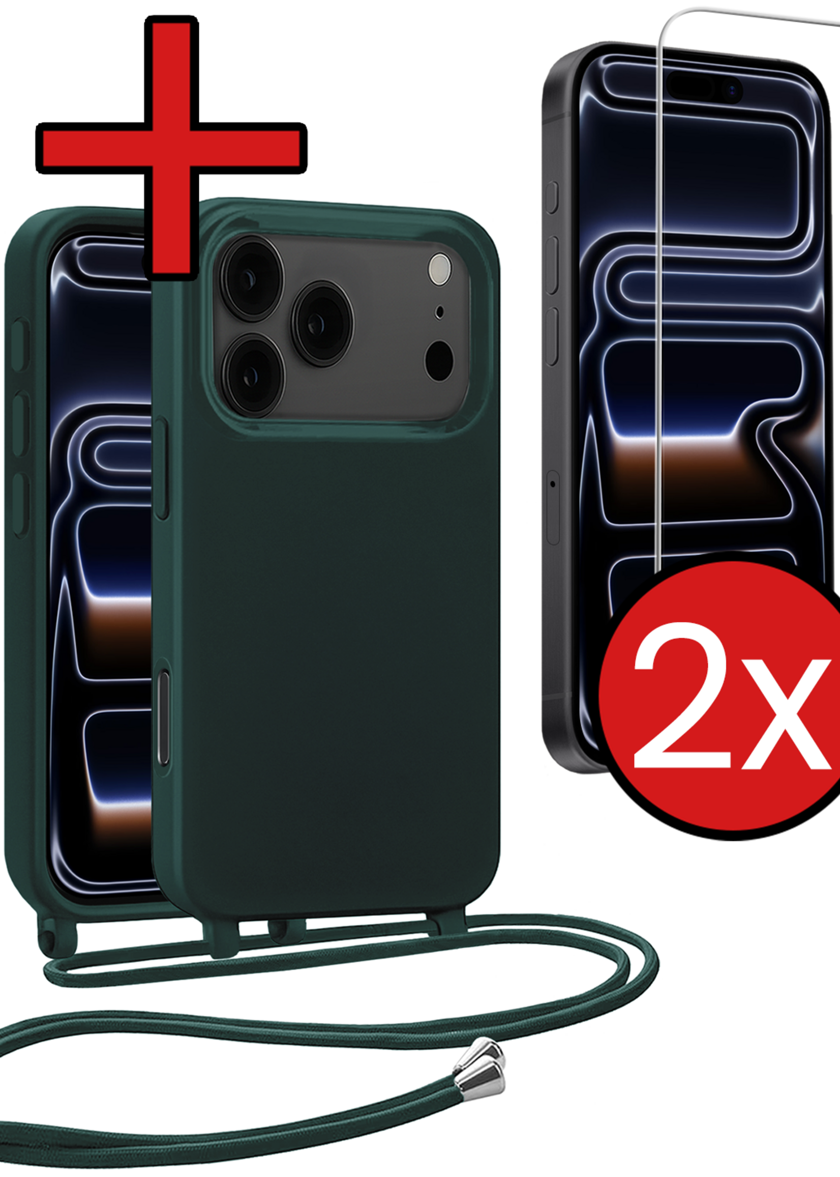 BTH BTH iPhone 17 Pro Hoesje met Koord Met 2x Screenprotector - Donkergroen