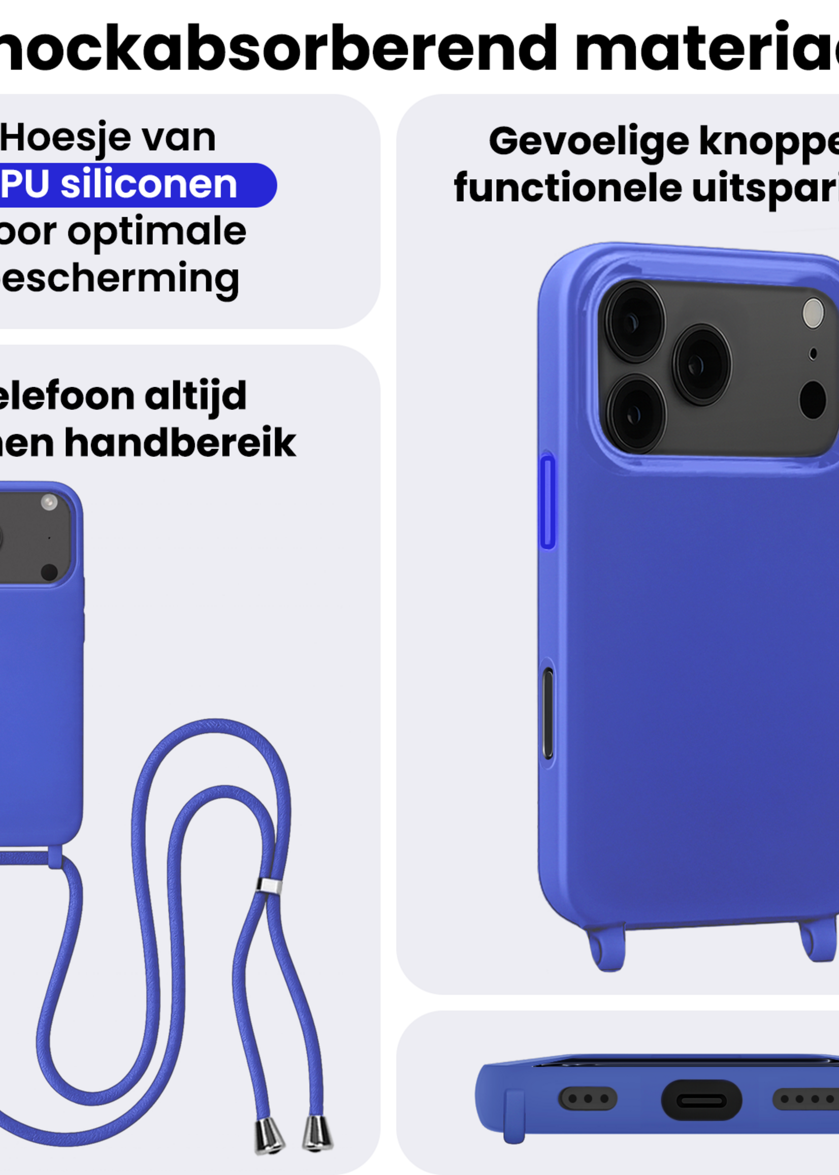 BTH BTH iPhone 17 Pro Hoesje met Koord Met Screenprotector - Fel Blauw