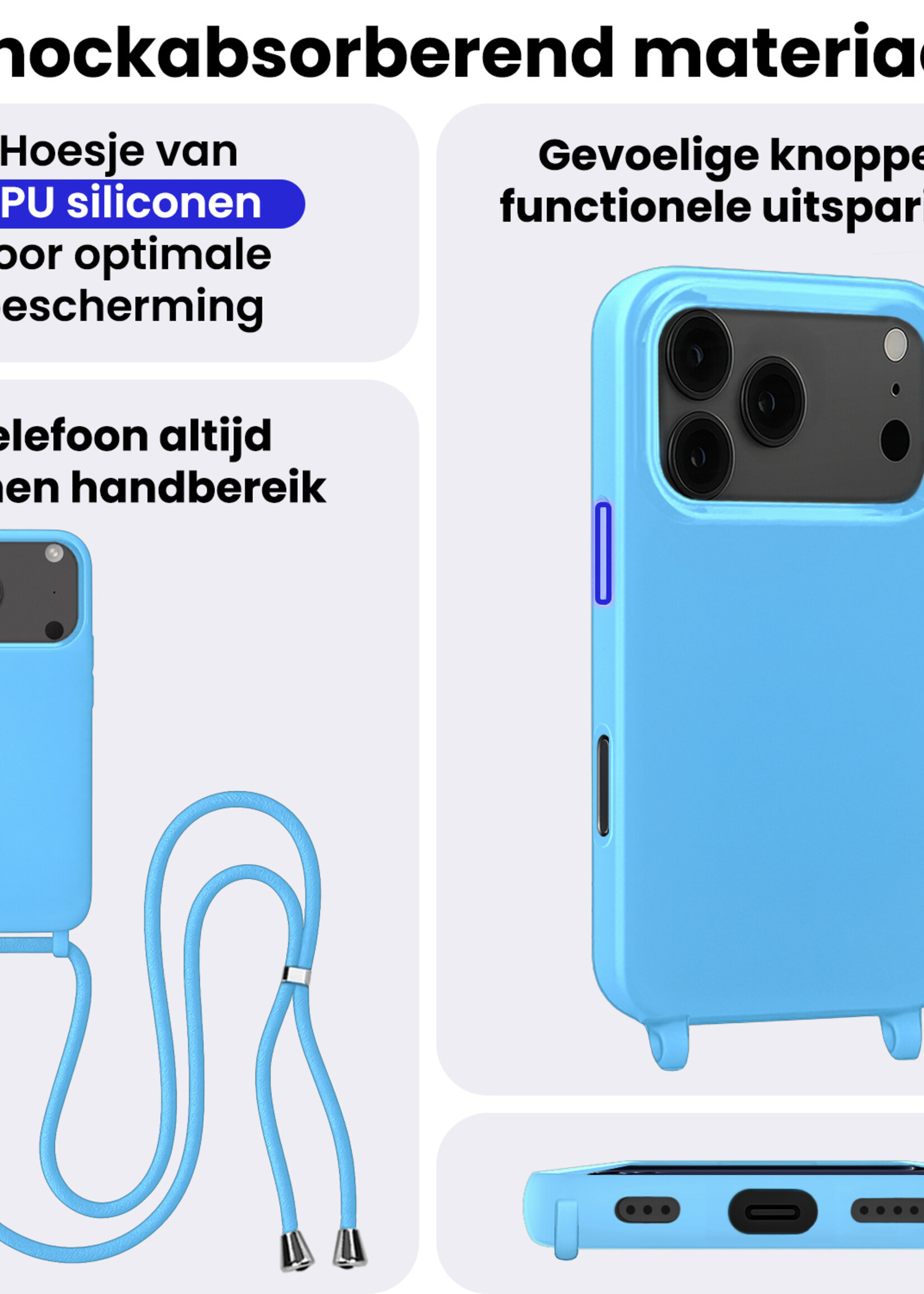 BTH BTH iPhone 17 Pro Hoesje met Koord Met 2x Screenprotector - Lichtblauw