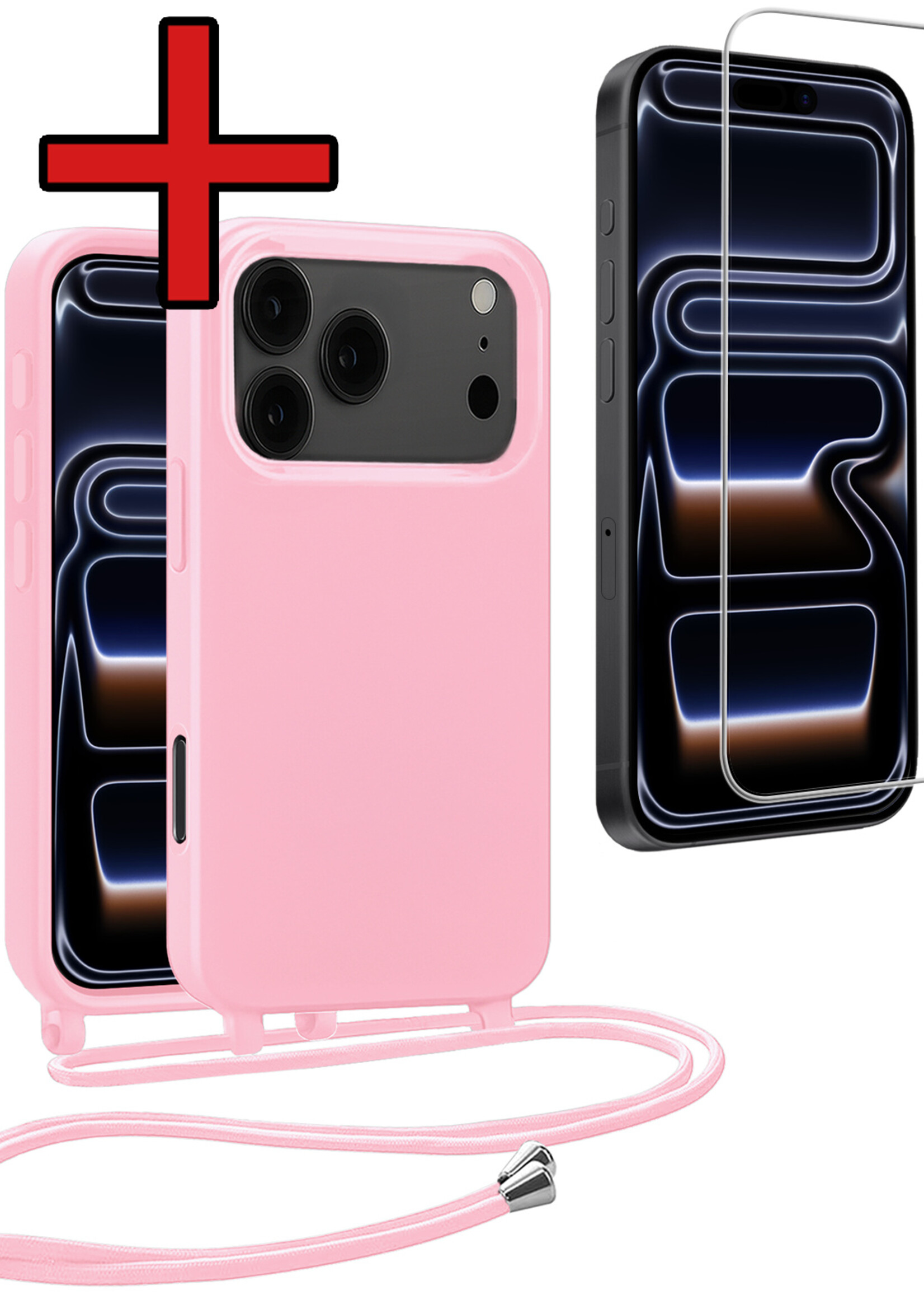 BTH BTH iPhone 17 Pro Hoesje met Koord Met Screenprotector - Lichtroze