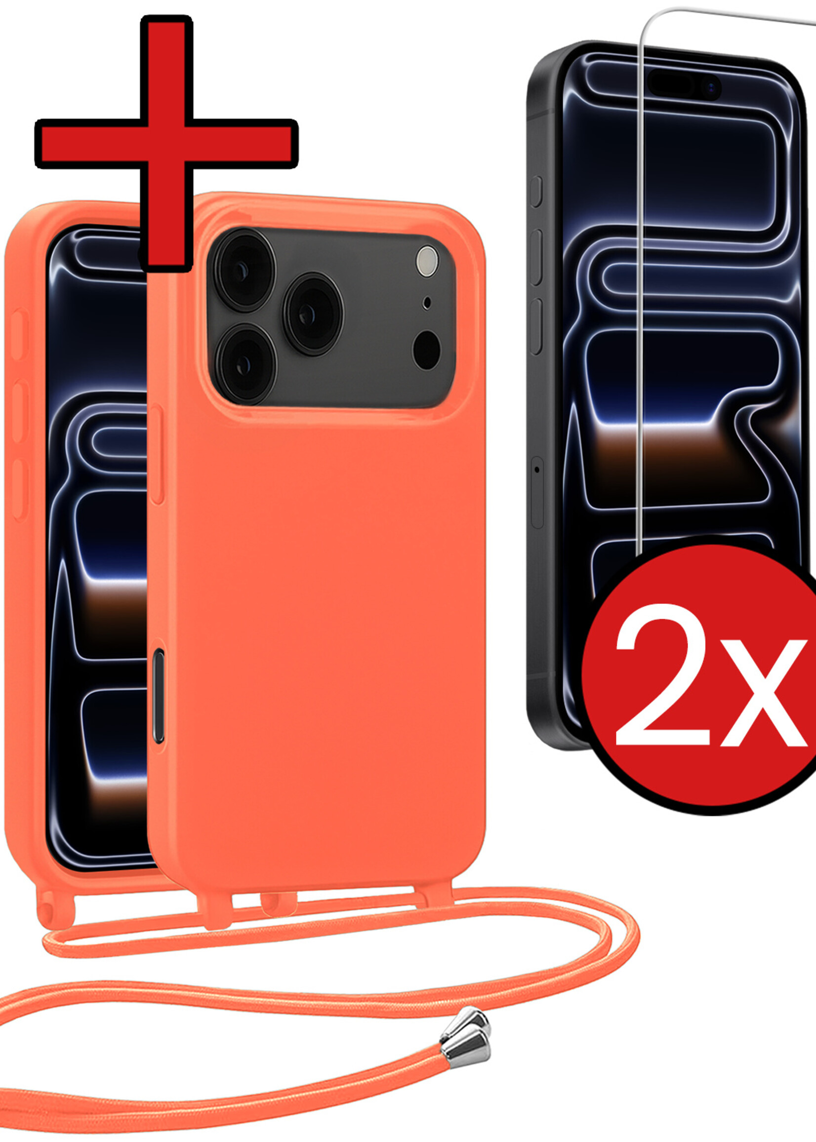 BTH BTH iPhone 17 Pro Hoesje met Koord Met 2x Screenprotector - Papaya