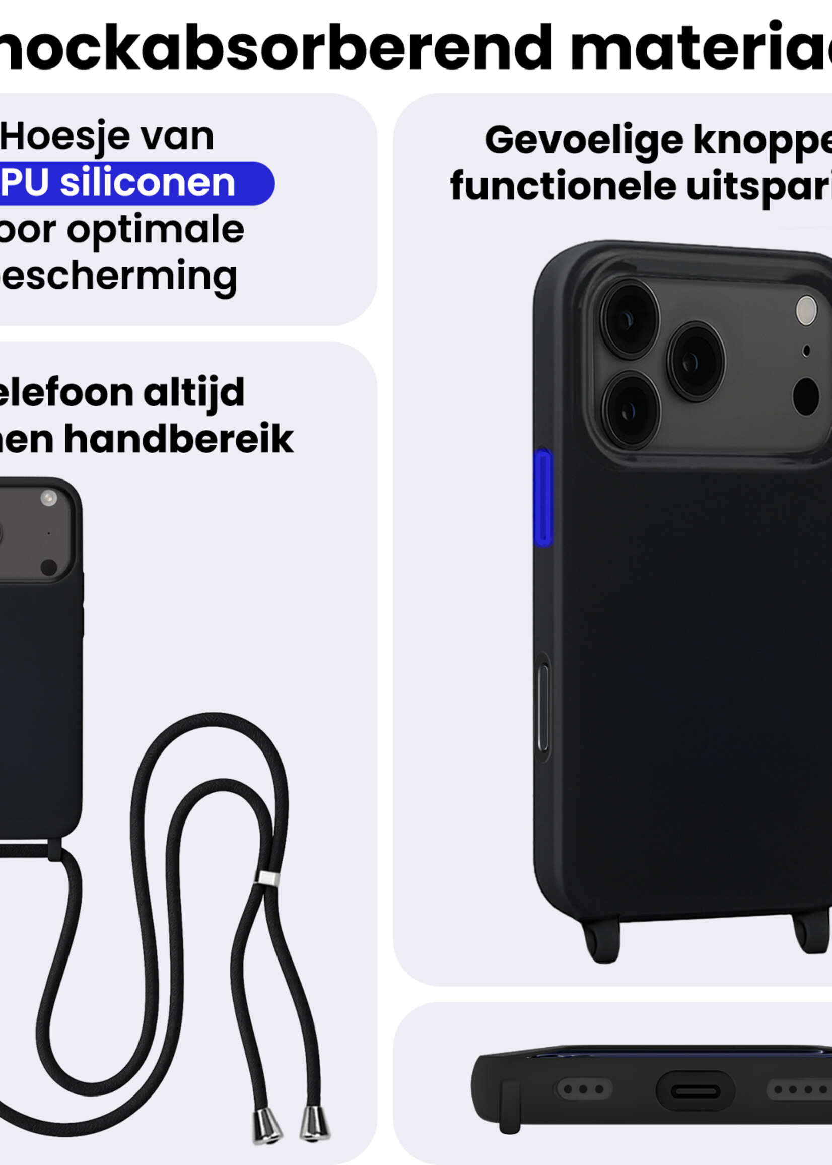 BTH BTH iPhone 17 Pro Hoesje met Koord Met Screenprotector - Zwart