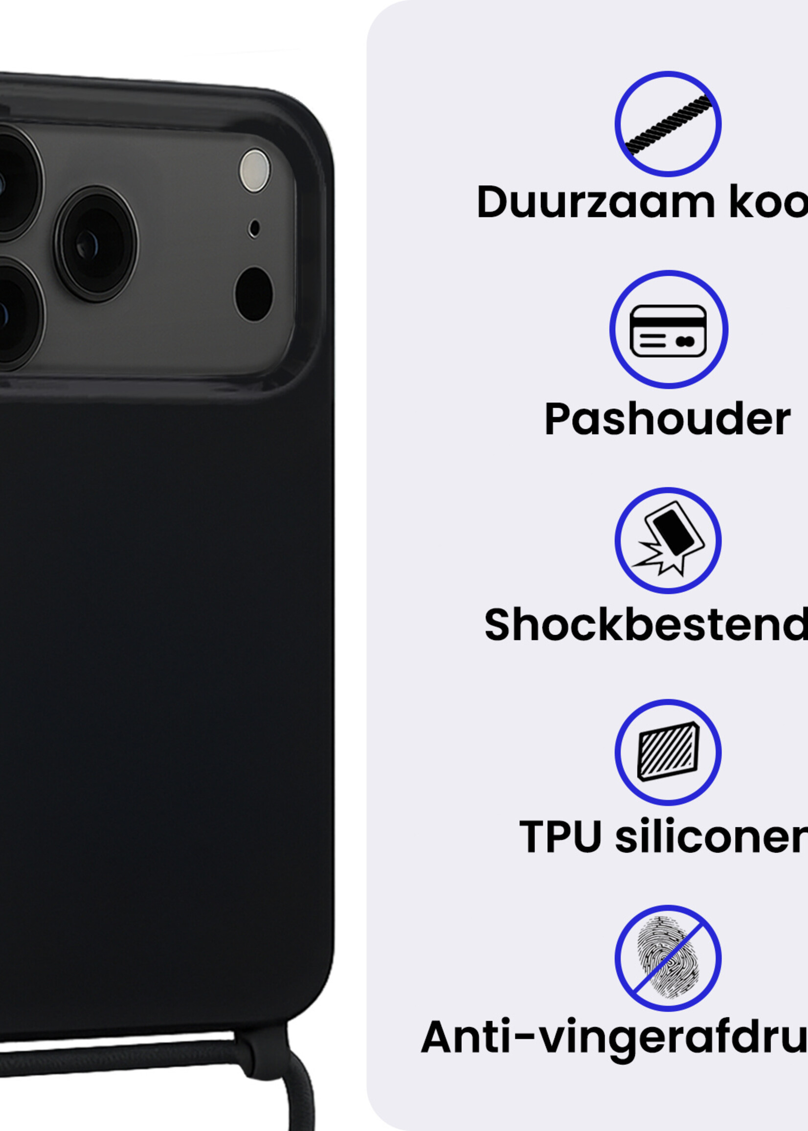 BTH BTH iPhone 17 Pro Hoesje met Koord Met 2x Screenprotector - Zwart