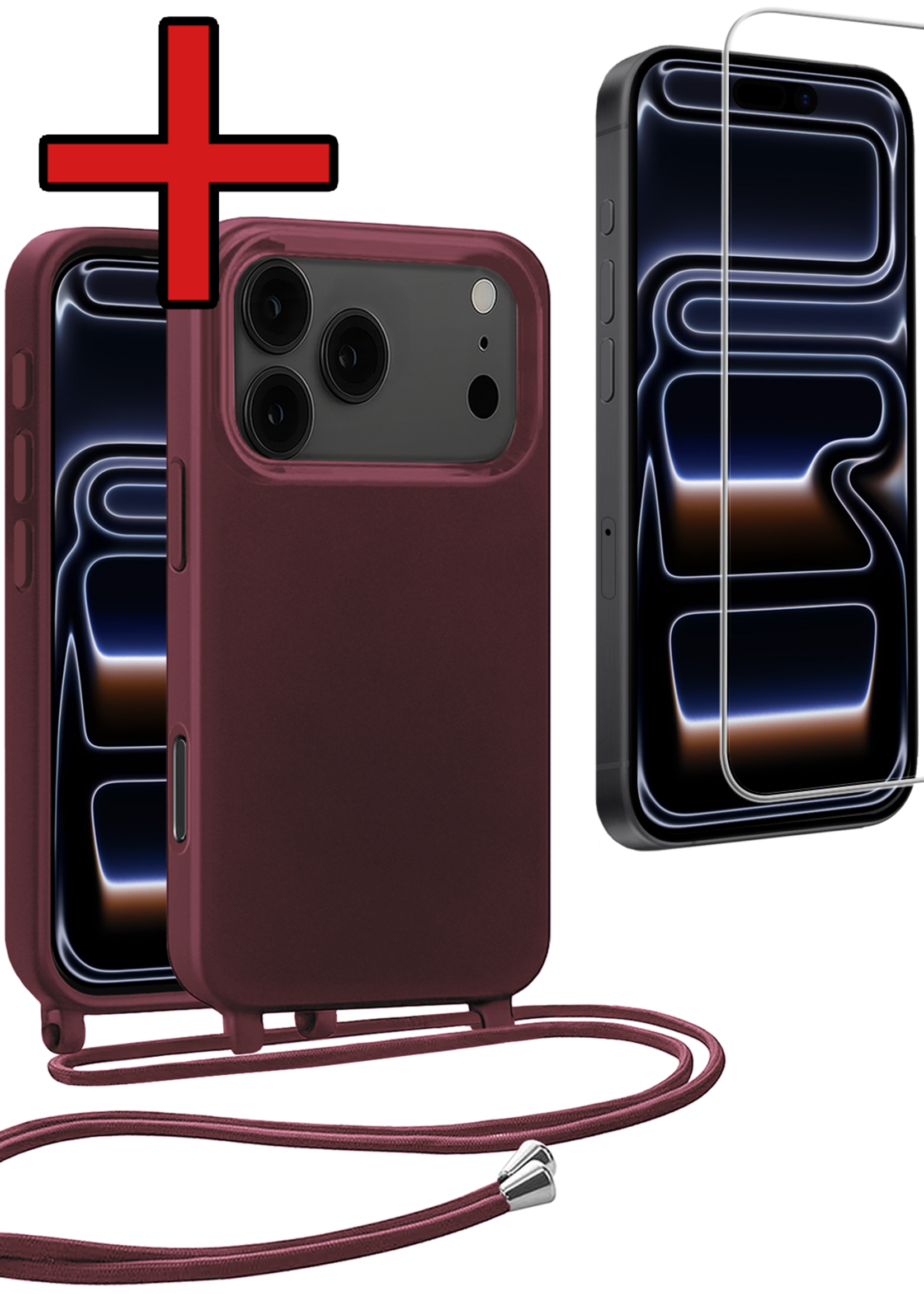 BTH BTH iPhone 17 Pro Max Hoesje met Koord Met Screenprotector - Aubergine