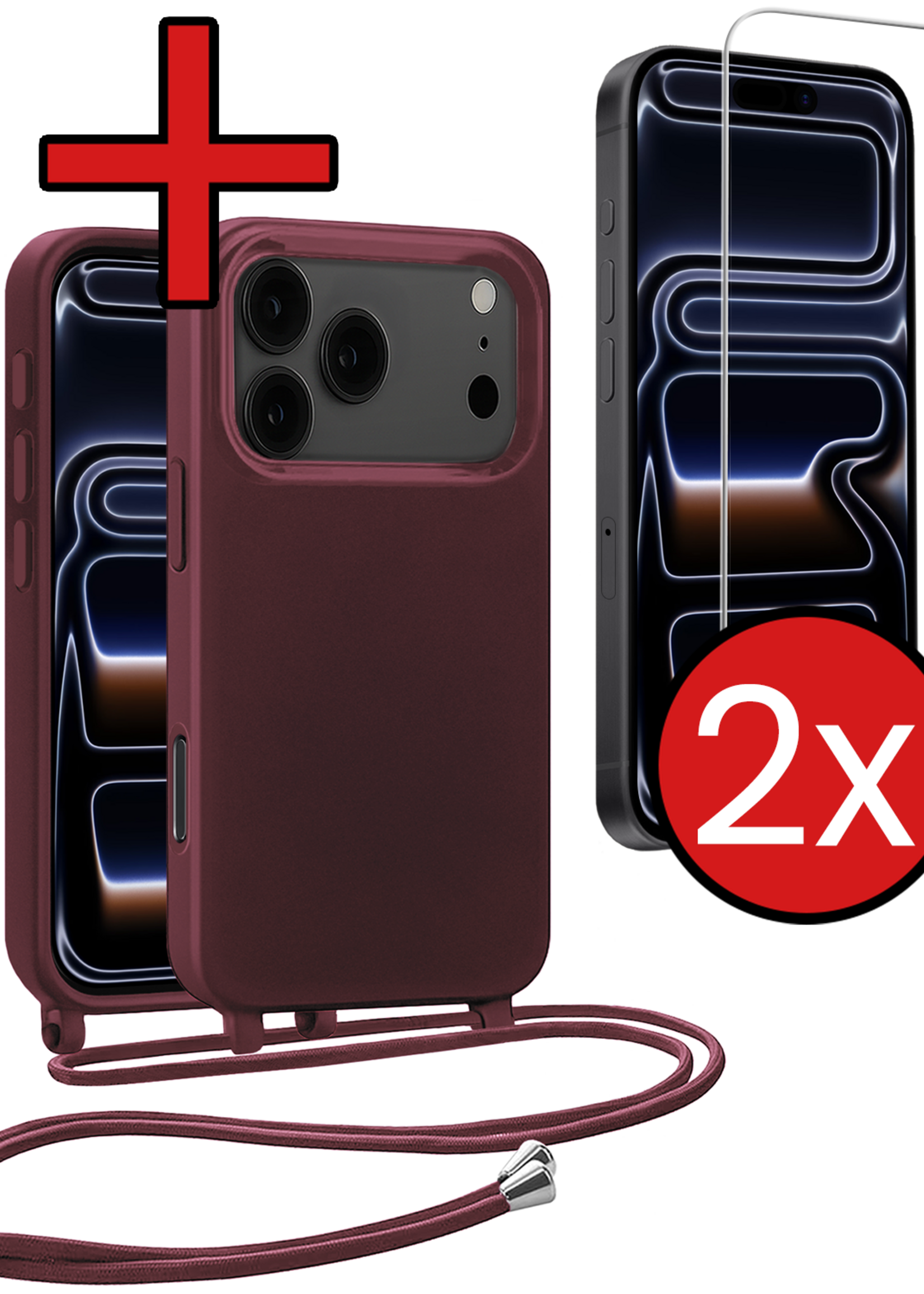 BTH BTH iPhone 17 Pro Max Hoesje met Koord Met 2x Screenprotector - Aubergine