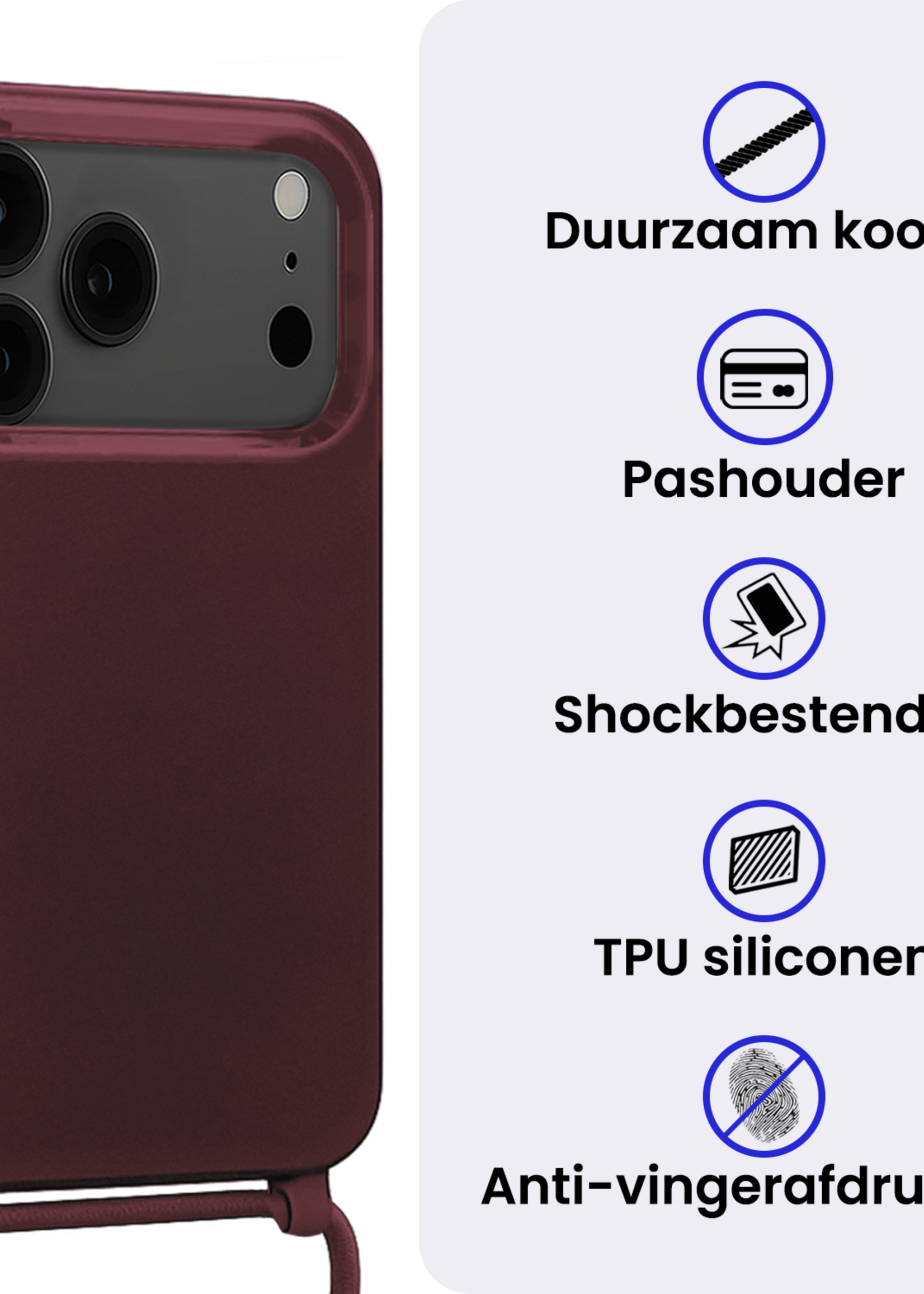 BTH BTH iPhone 17 Pro Max Hoesje met Koord Met 2x Screenprotector - Aubergine