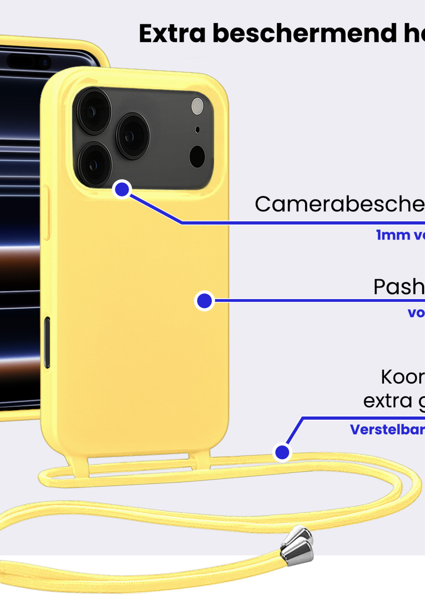 BTH BTH iPhone 17 Pro Max Hoesje met Koord Met 2x Screenprotector - Geel