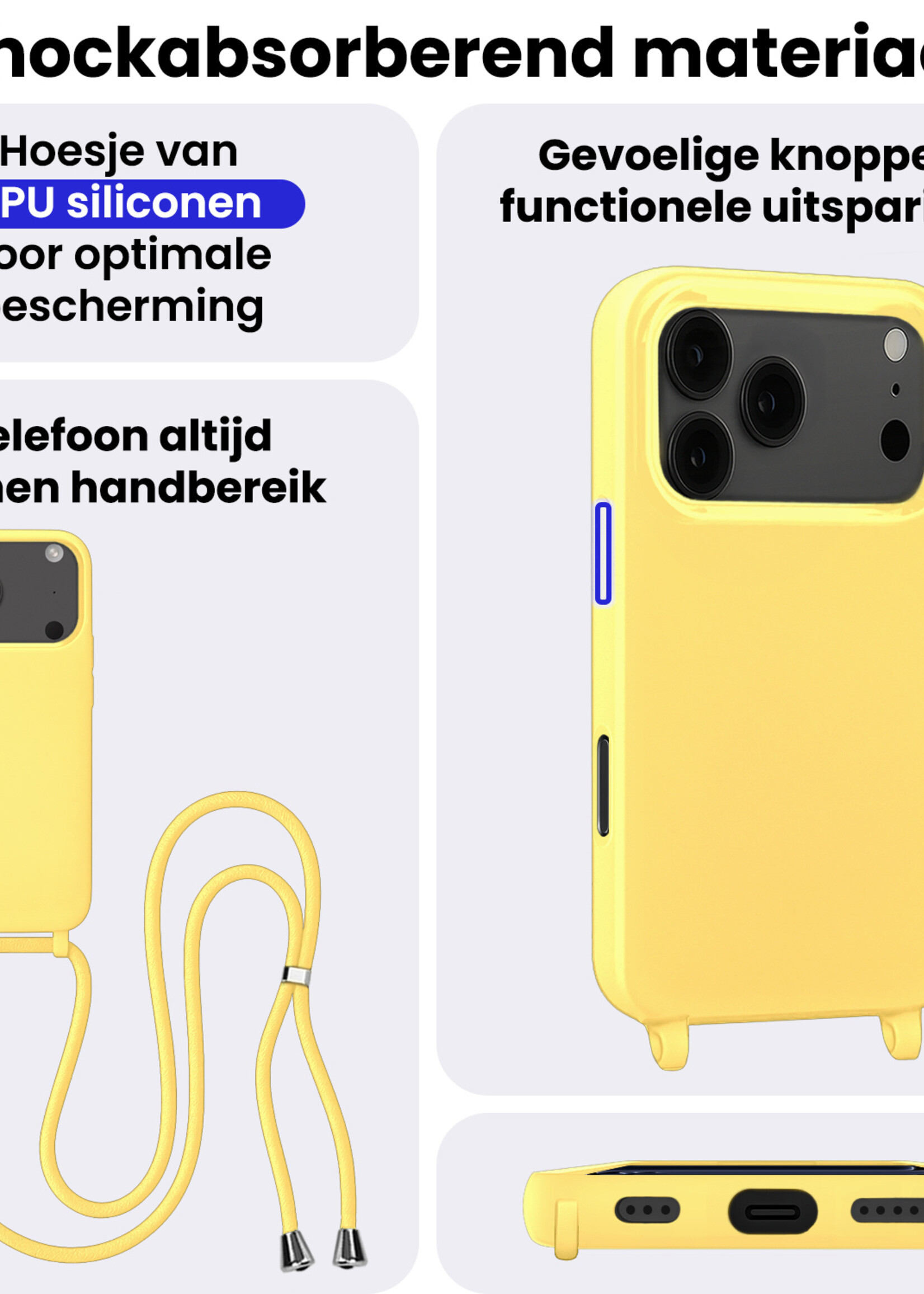 BTH BTH iPhone 17 Pro Max Hoesje met Koord Met 2x Screenprotector - Geel
