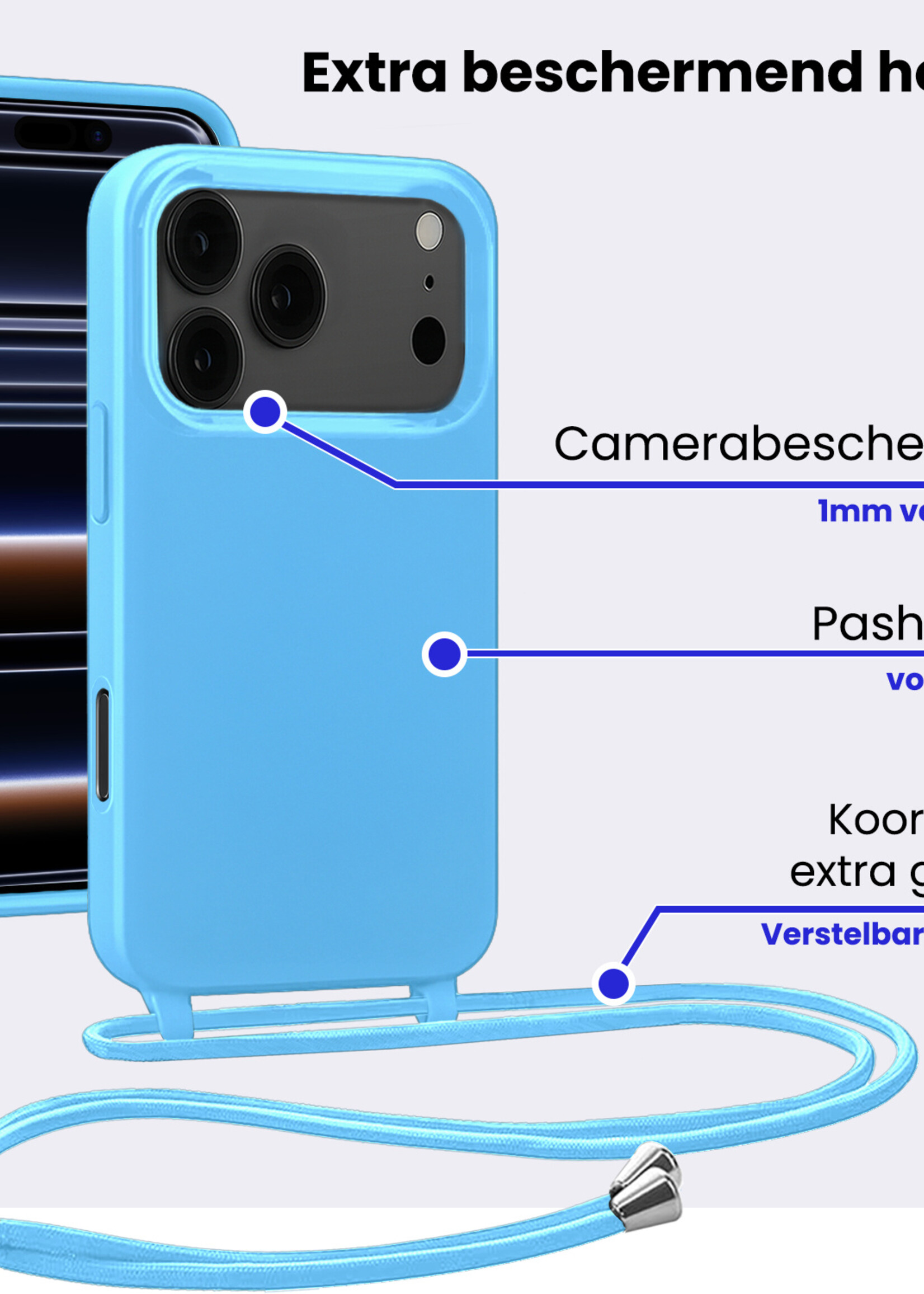 BTH BTH iPhone 17 Pro Max Hoesje met Koord - Lichtblauw - 2 PACK