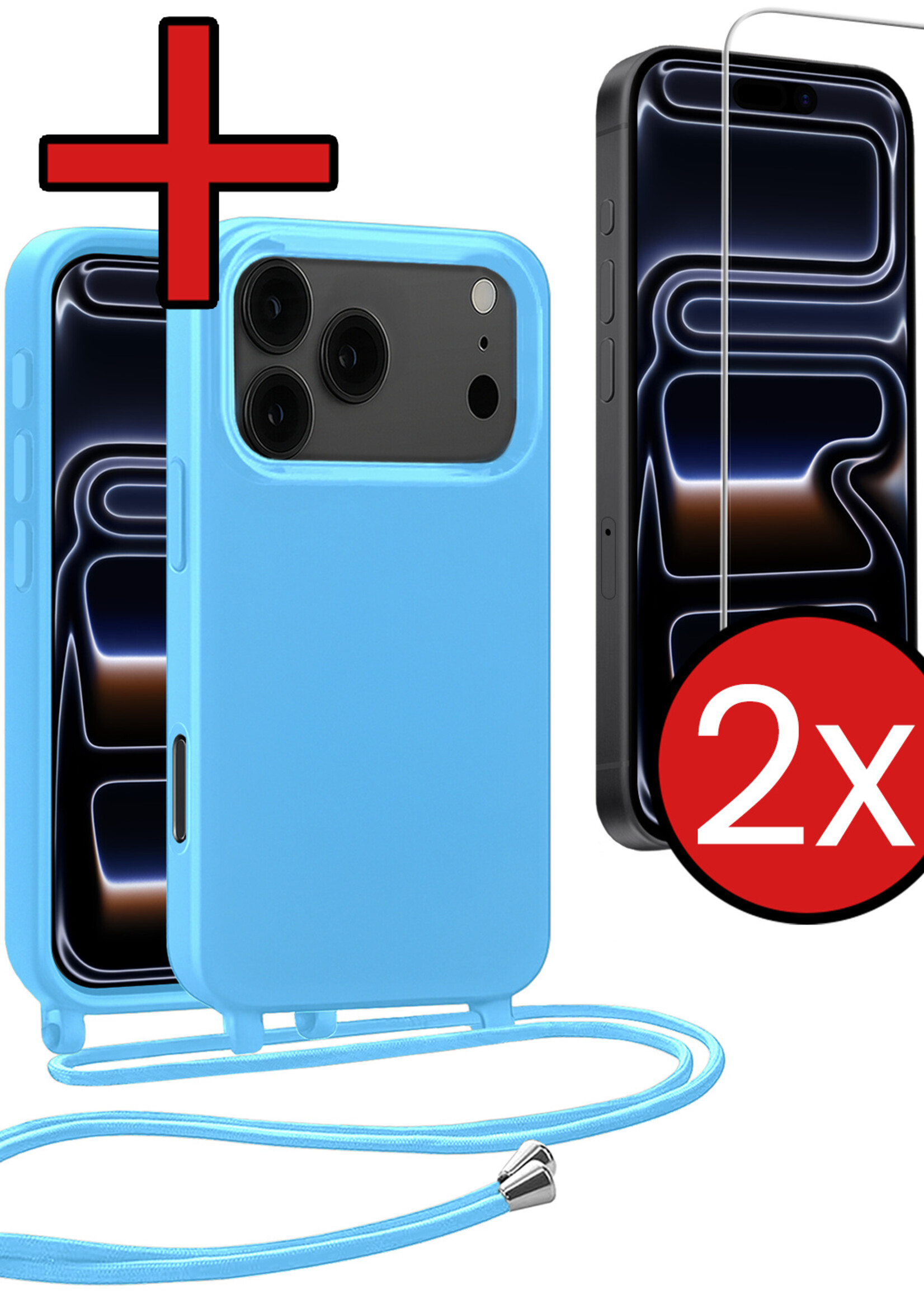 BTH BTH iPhone 17 Pro Max Hoesje met Koord Met 2x Screenprotector - Lichtblauw
