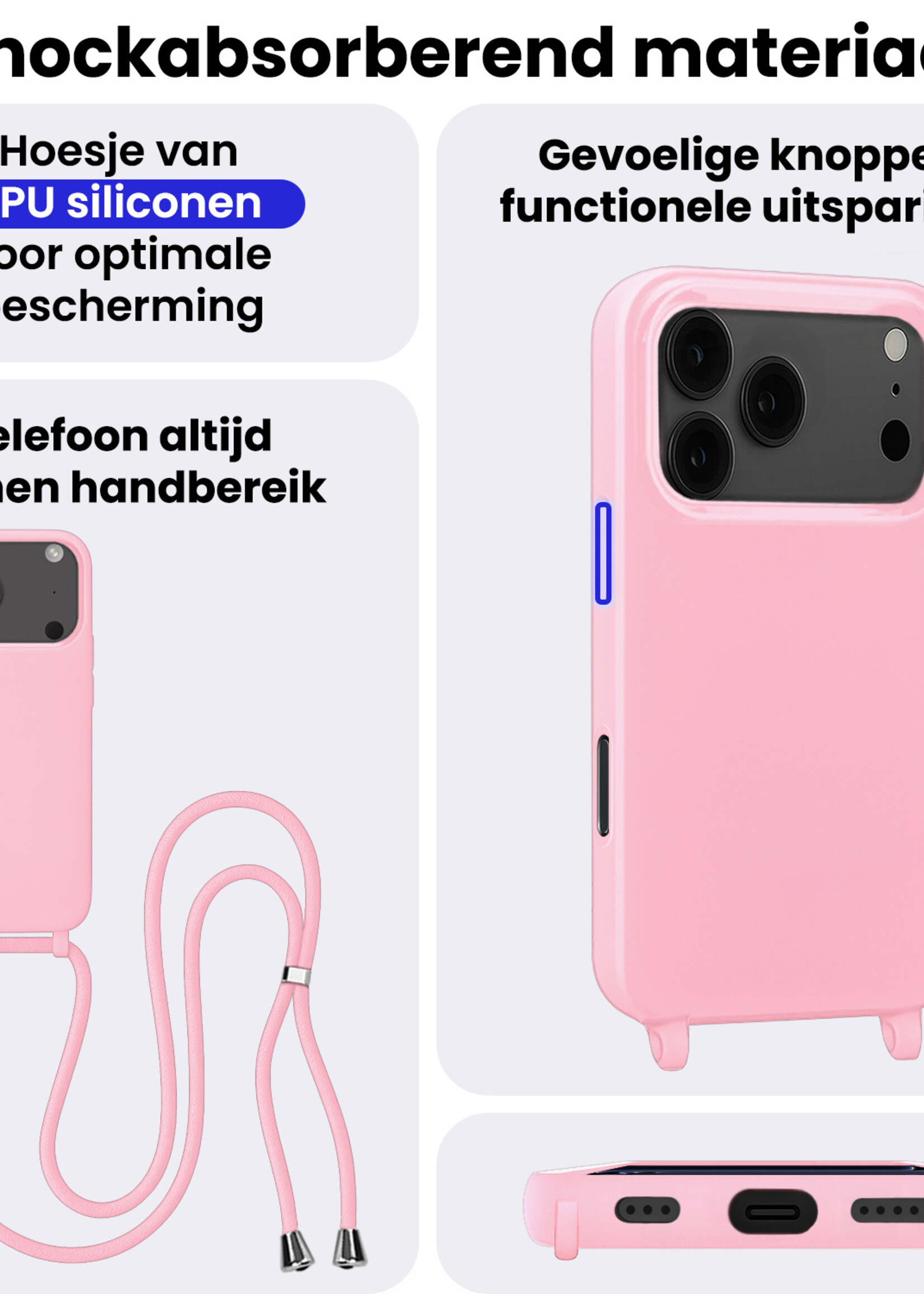 BTH BTH iPhone 17 Pro Max Hoesje met Koord Met Screenprotector - Lichtroze