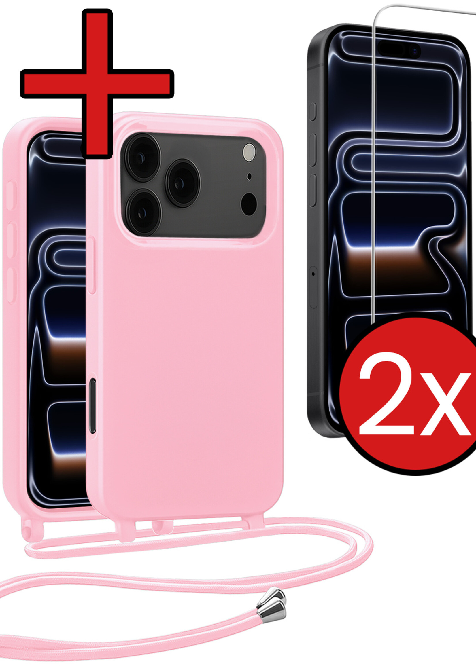 BTH BTH iPhone 17 Pro Max Hoesje met Koord Met 2x Screenprotector - Lichtroze