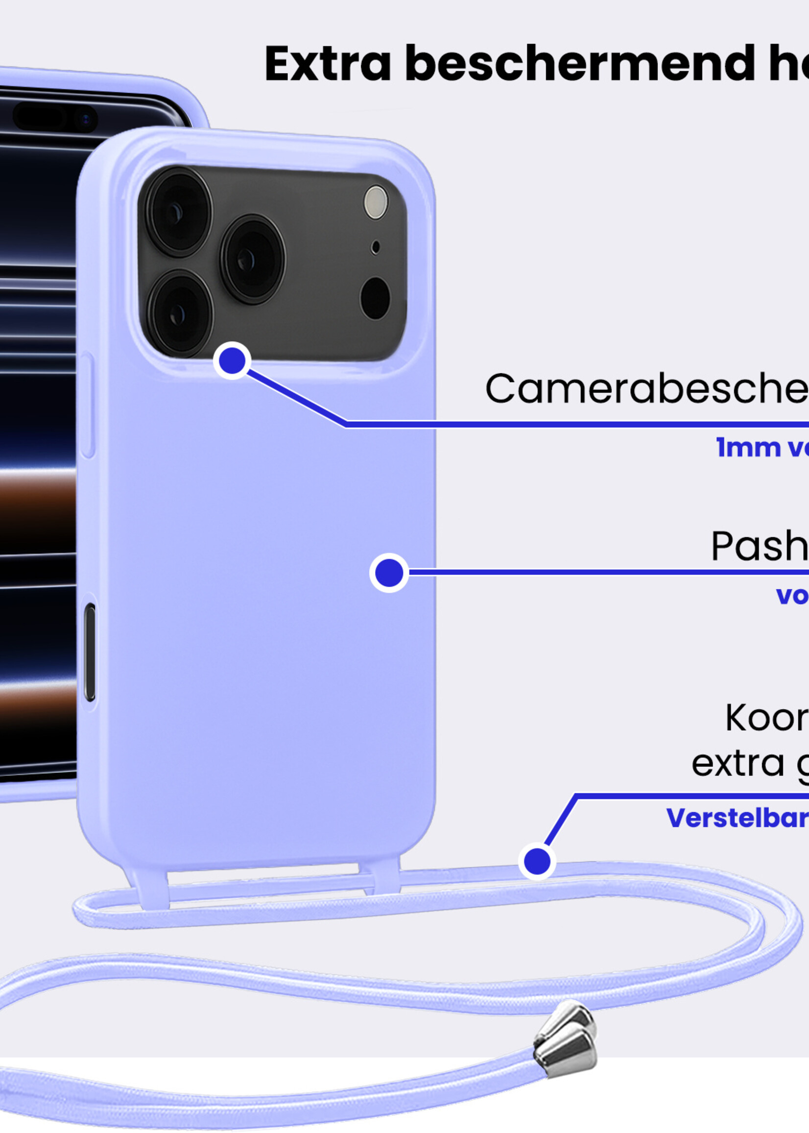 BTH BTH iPhone 17 Pro Max Hoesje met Koord Met Screenprotector - Lila