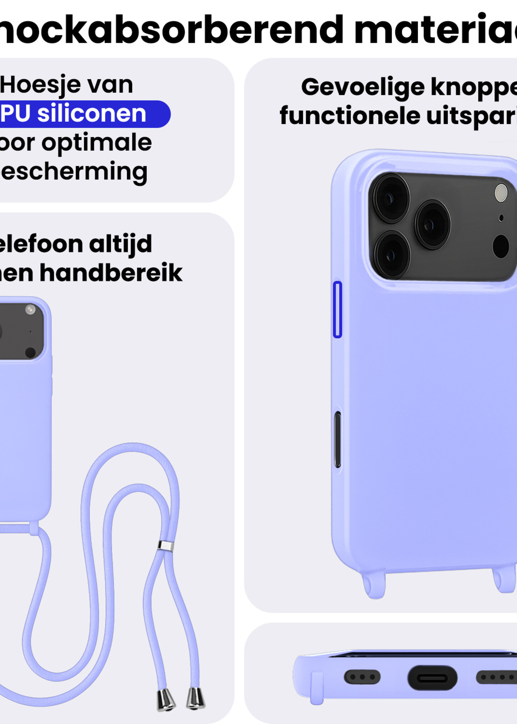 BTH BTH iPhone 17 Pro Max Hoesje met Koord Met 2x Screenprotector - Lila