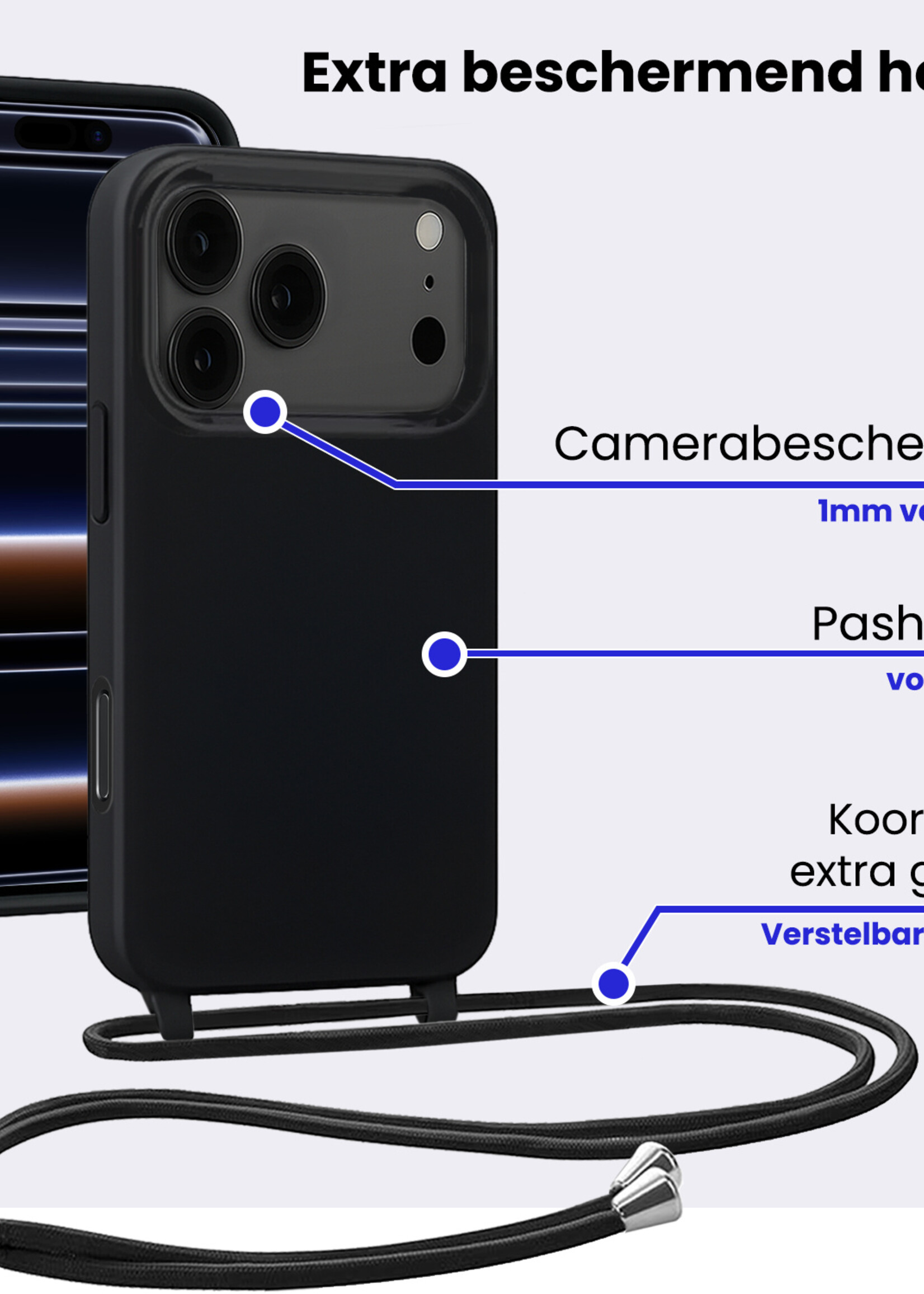 BTH BTH iPhone 17 Pro Max Hoesje met Koord Met Screenprotector - Zwart