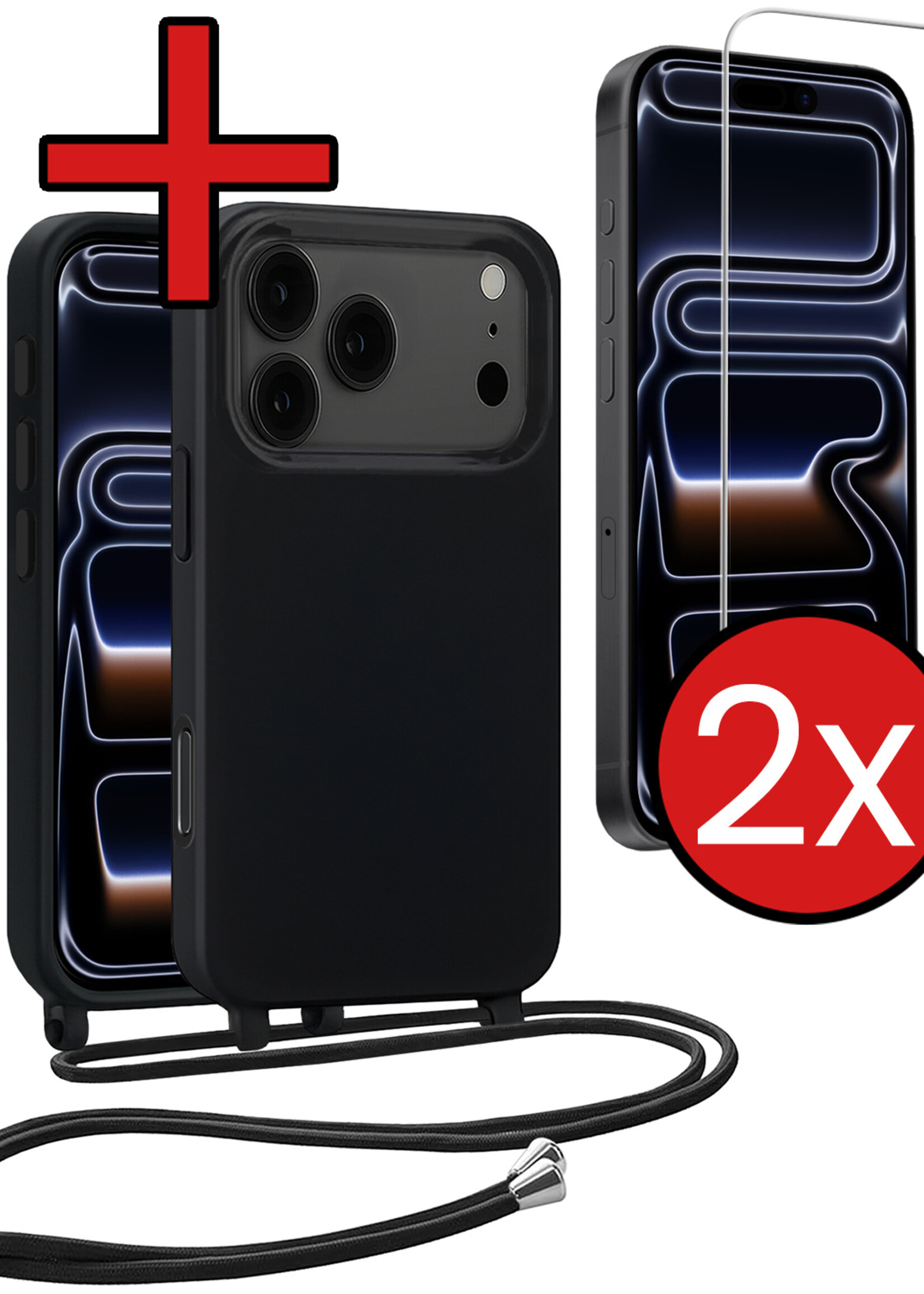 BTH BTH iPhone 17 Pro Max Hoesje met Koord Met 2x Screenprotector - Zwart