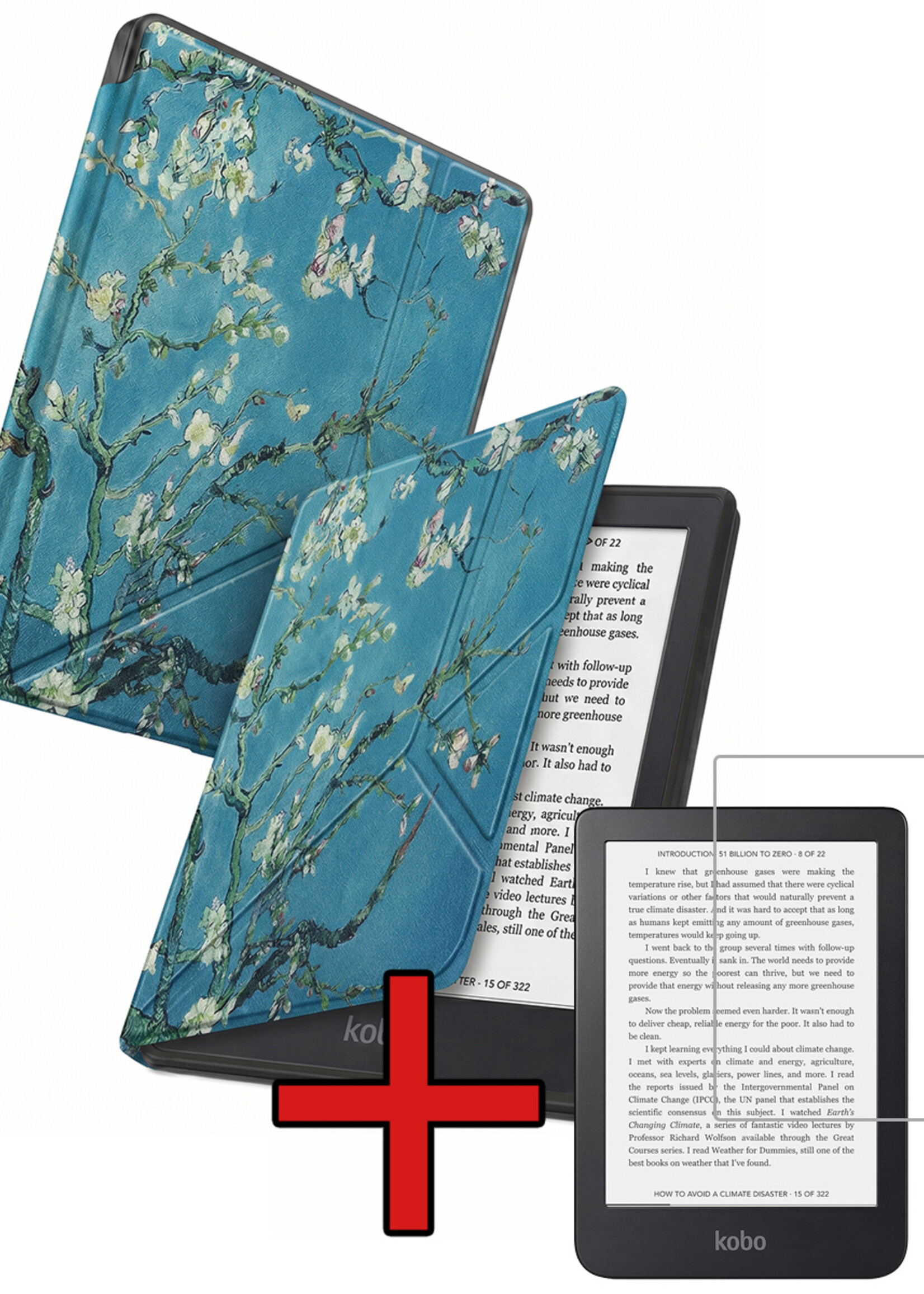 BTH BTH Kobo Clara 2E Hoesje Trifold Met Screenprotector - Bloesem