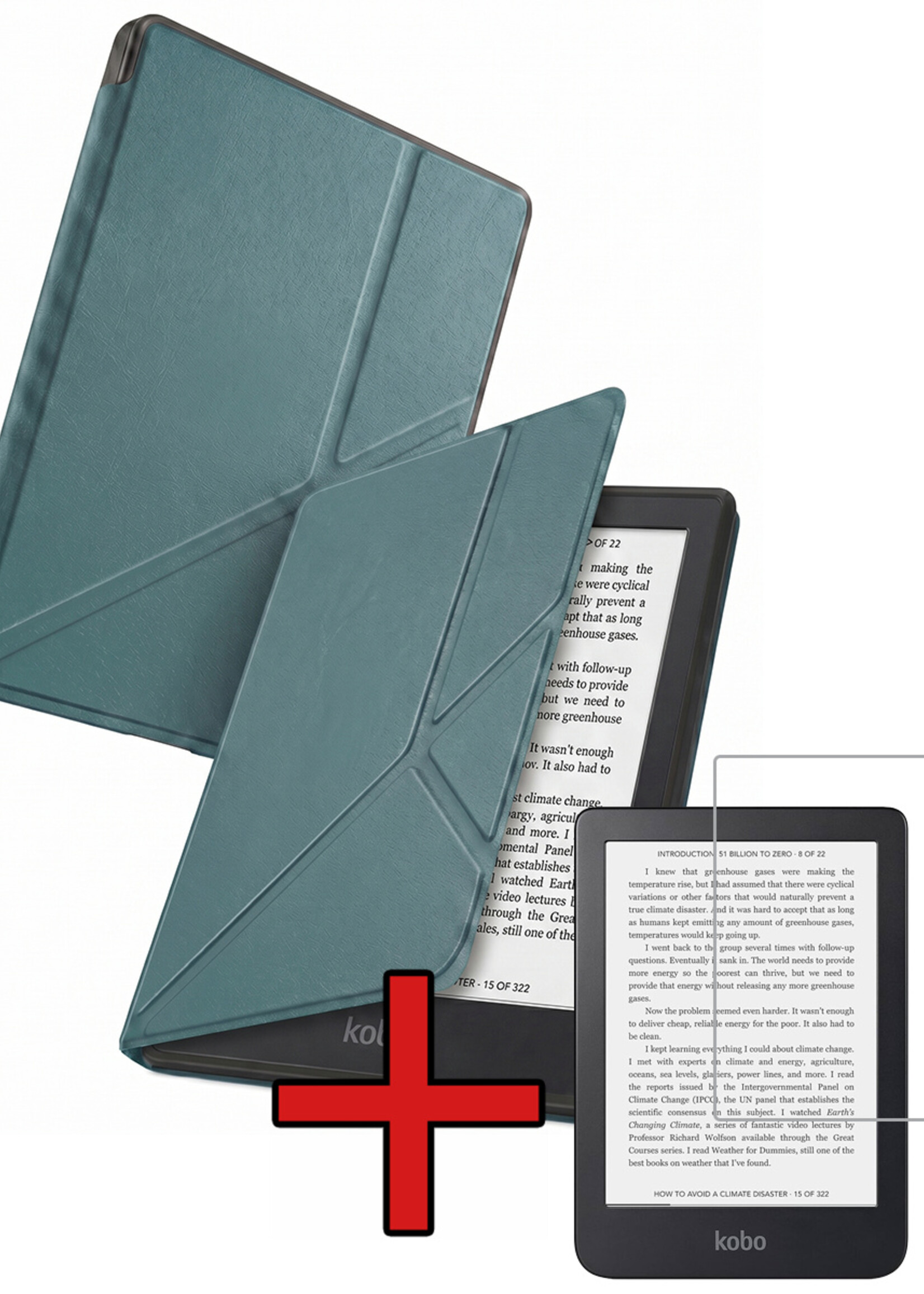 BTH BTH Kobo Clara 2E Hoesje Trifold Met Screenprotector - Donkergroen