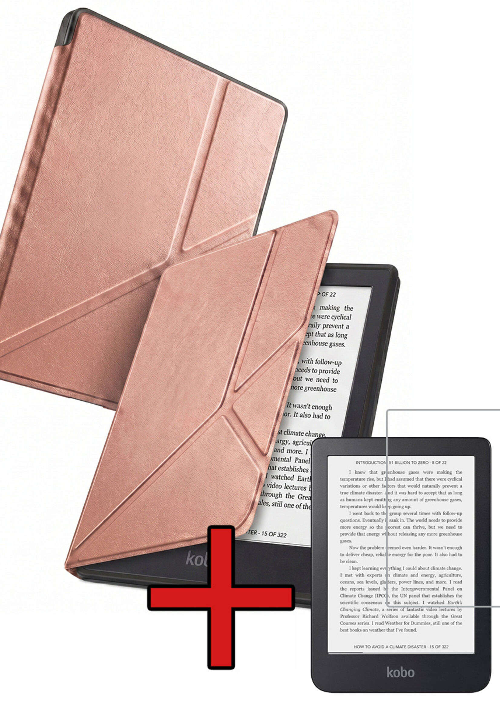 BTH BTH Kobo Clara 2E Hoesje Trifold Met Screenprotector - Rose Goud