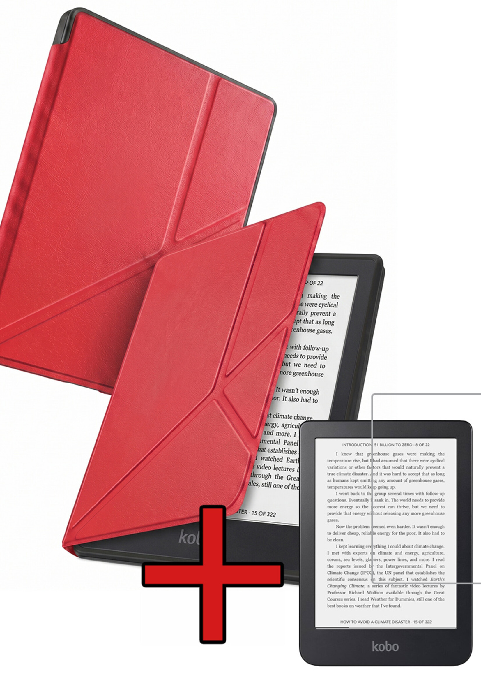 BTH BTH Kobo Clara 2E Hoesje Trifold Met Screenprotector - Rood