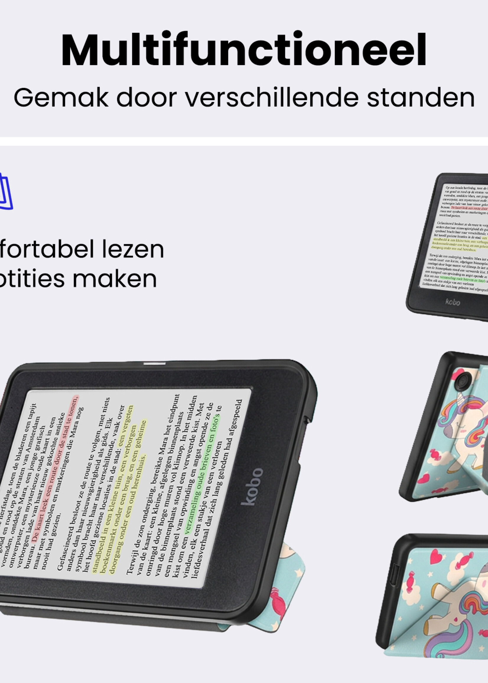 BTH BTH Kobo Clara Colour Hoesje Trifold Met Screenprotector - Eenhoorn