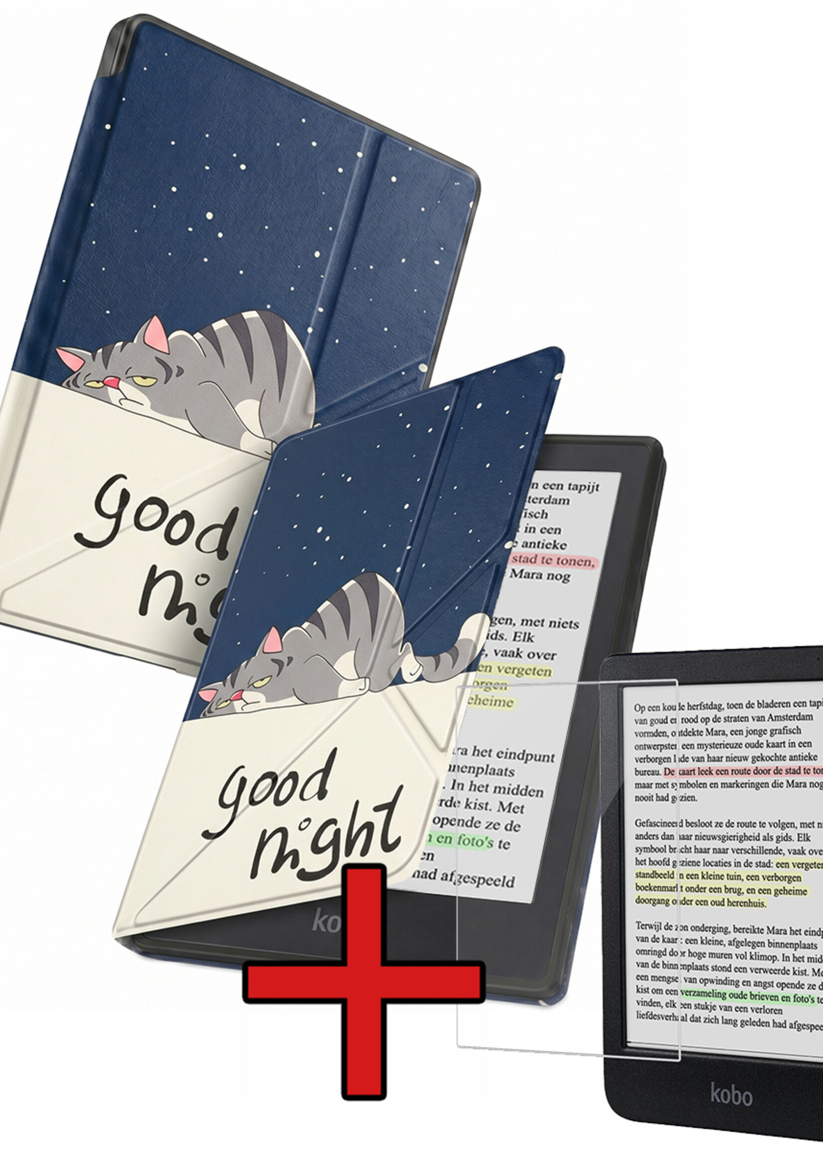 BTH BTH Kobo Clara BW Hoesje Trifold Met Screenprotector - Kat