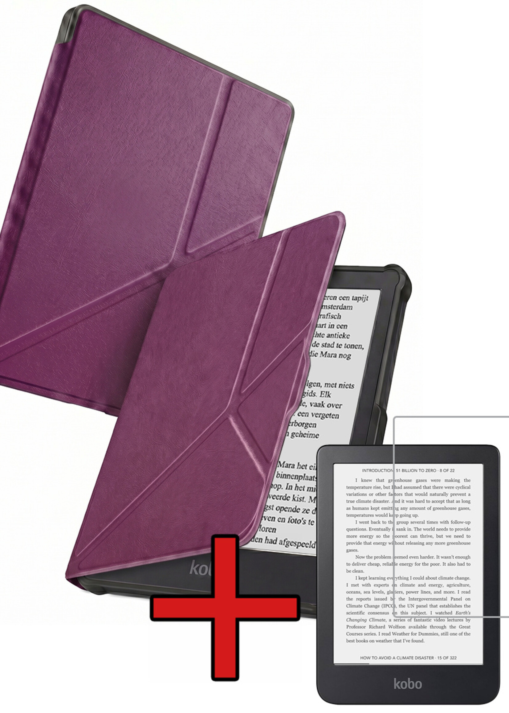 BTH BTH Kobo Clara HD Hoesje Trifold Met Screenprotector - Paars