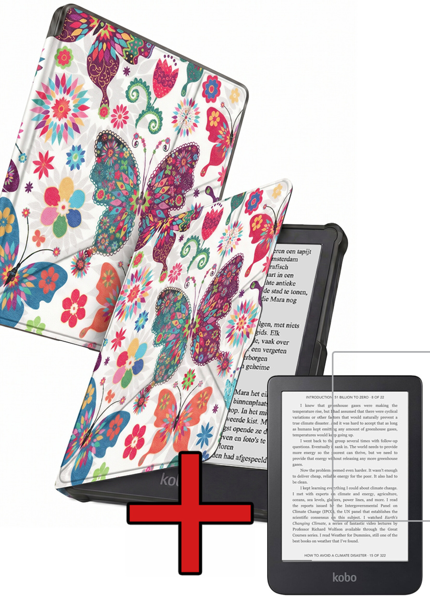 BTH BTH Kobo Clara HD Hoesje Trifold Met Screenprotector - Vlinders