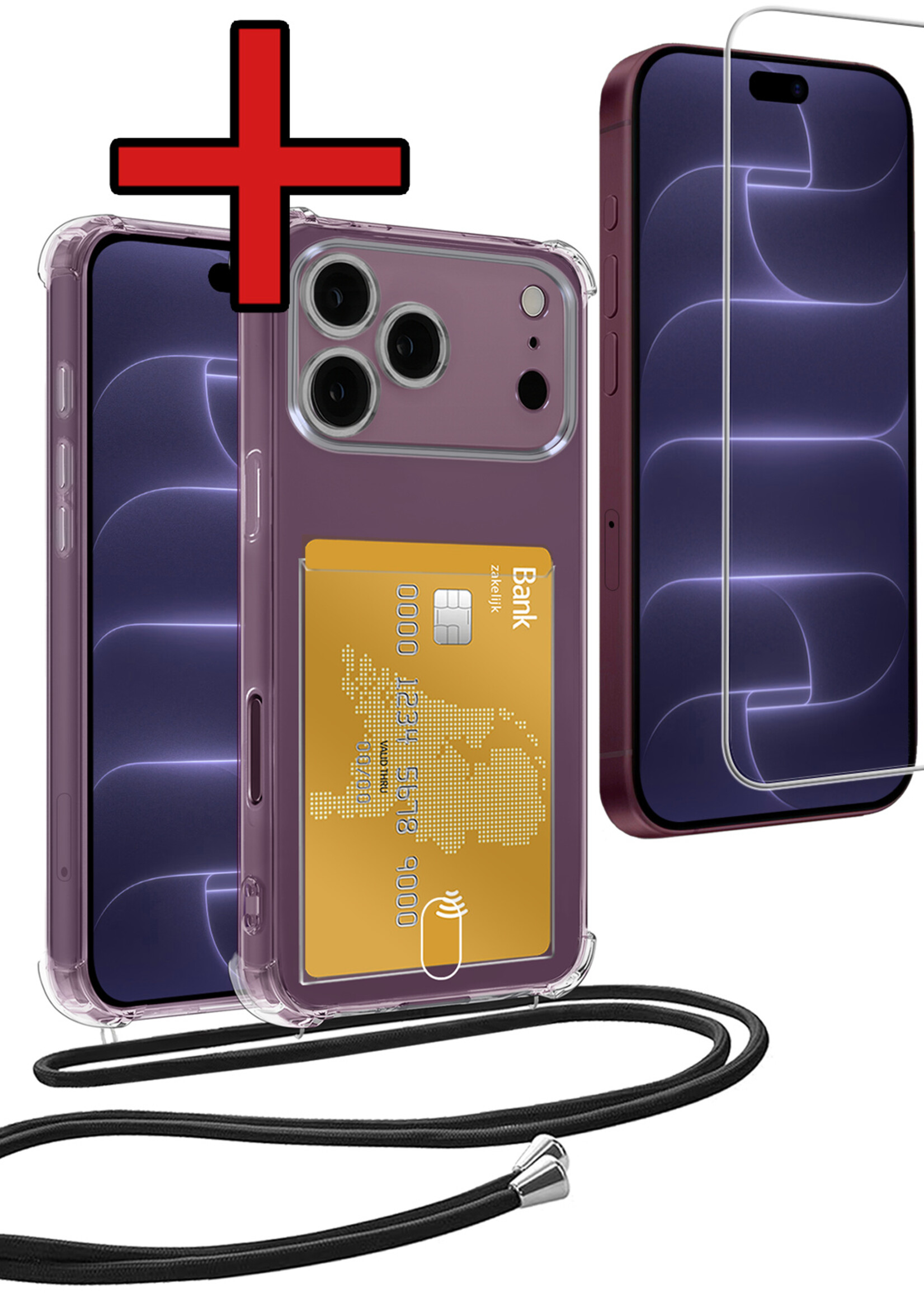 BTH BTH iPhone 18 Pro Hoesje Pashouder met Koord Met Screenprotector