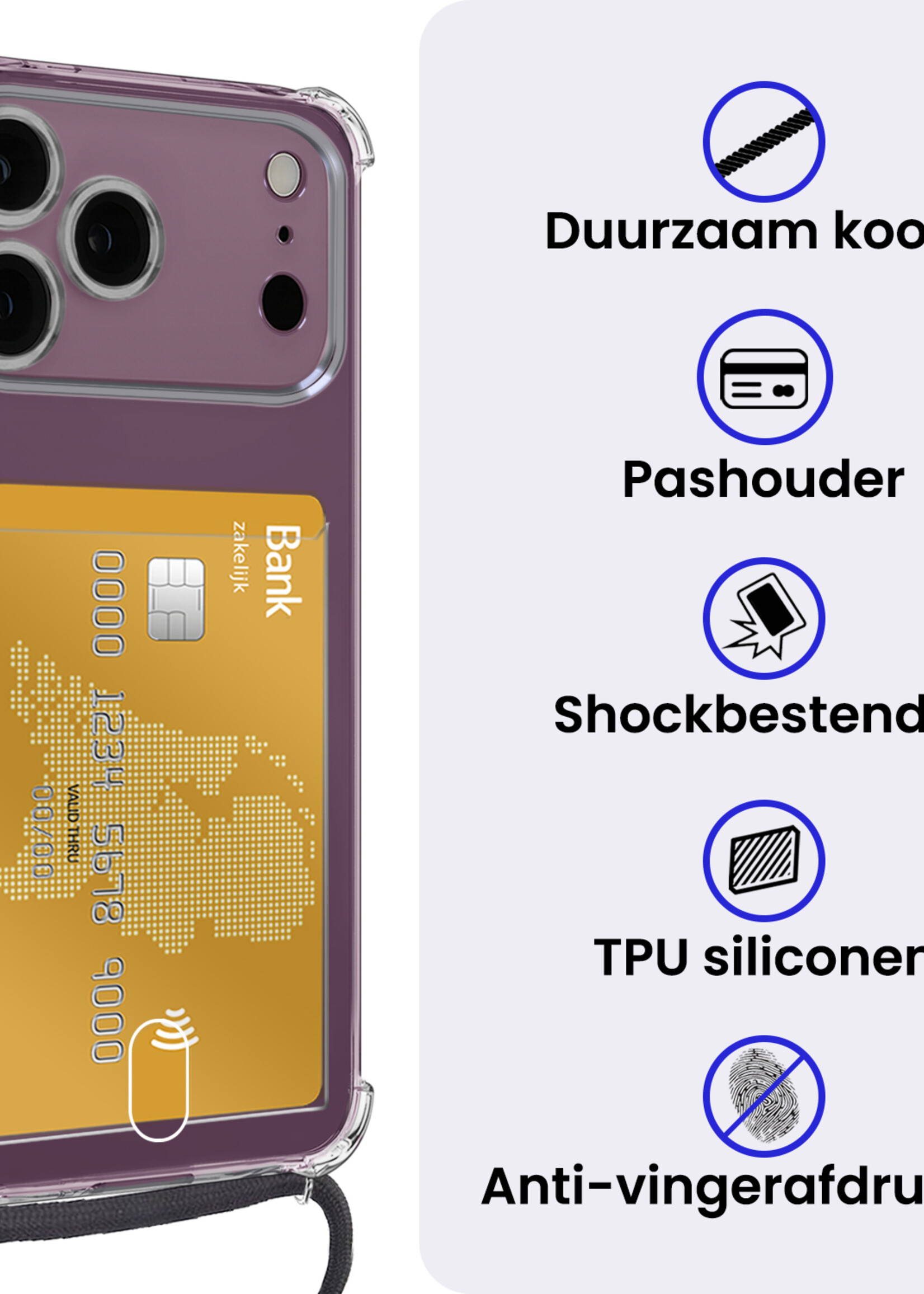 BTH BTH iPhone 18 Pro Hoesje Pashouder met Koord Met Screenprotector
