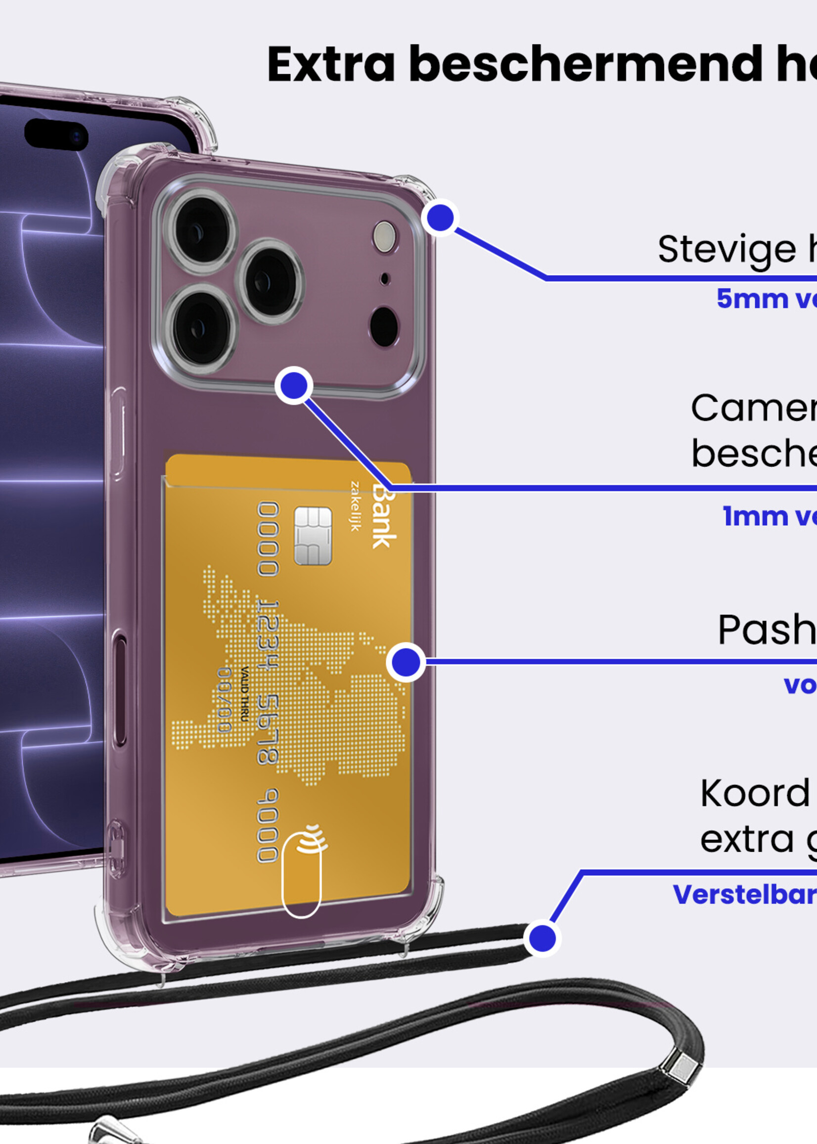 BTH BTH iPhone 18 Pro Hoesje Pashouder met Koord Met Screenprotector