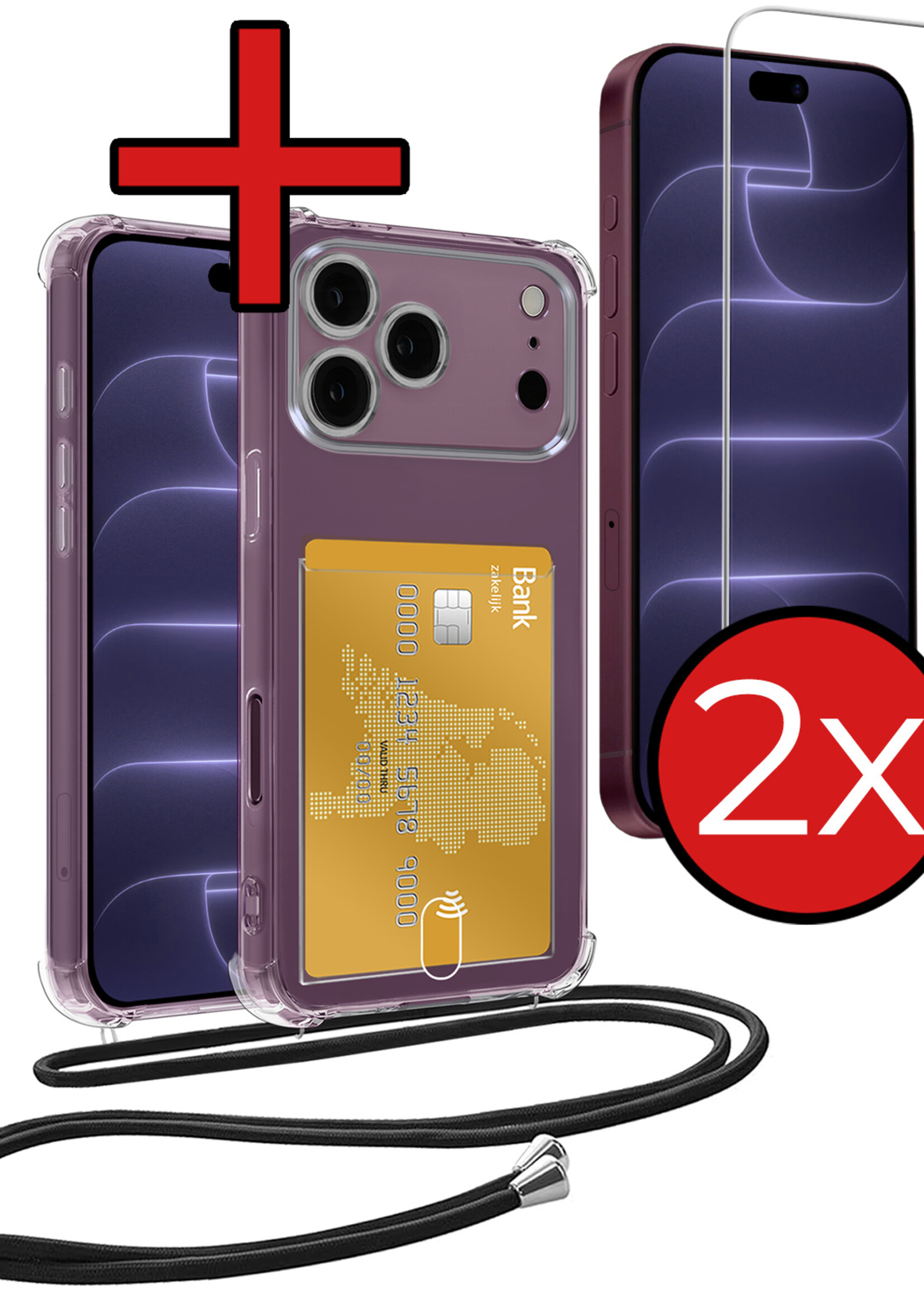 BTH BTH iPhone 18 Pro Hoesje Pashouder met Koord Met 2x Screenprotector
