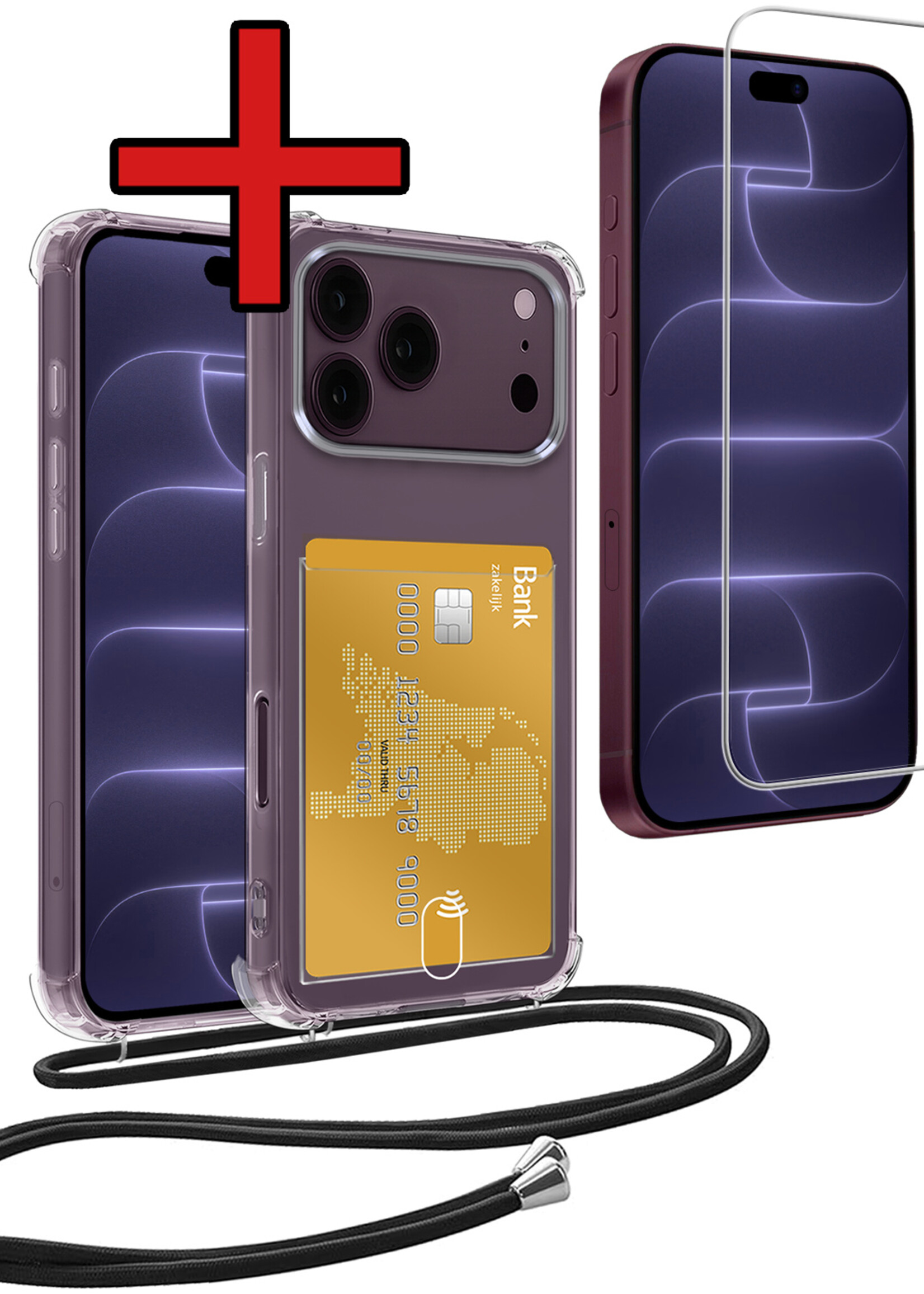 BTH BTH iPhone 18 Pro Max Hoesje Pashouder met Koord Met Screenprotector