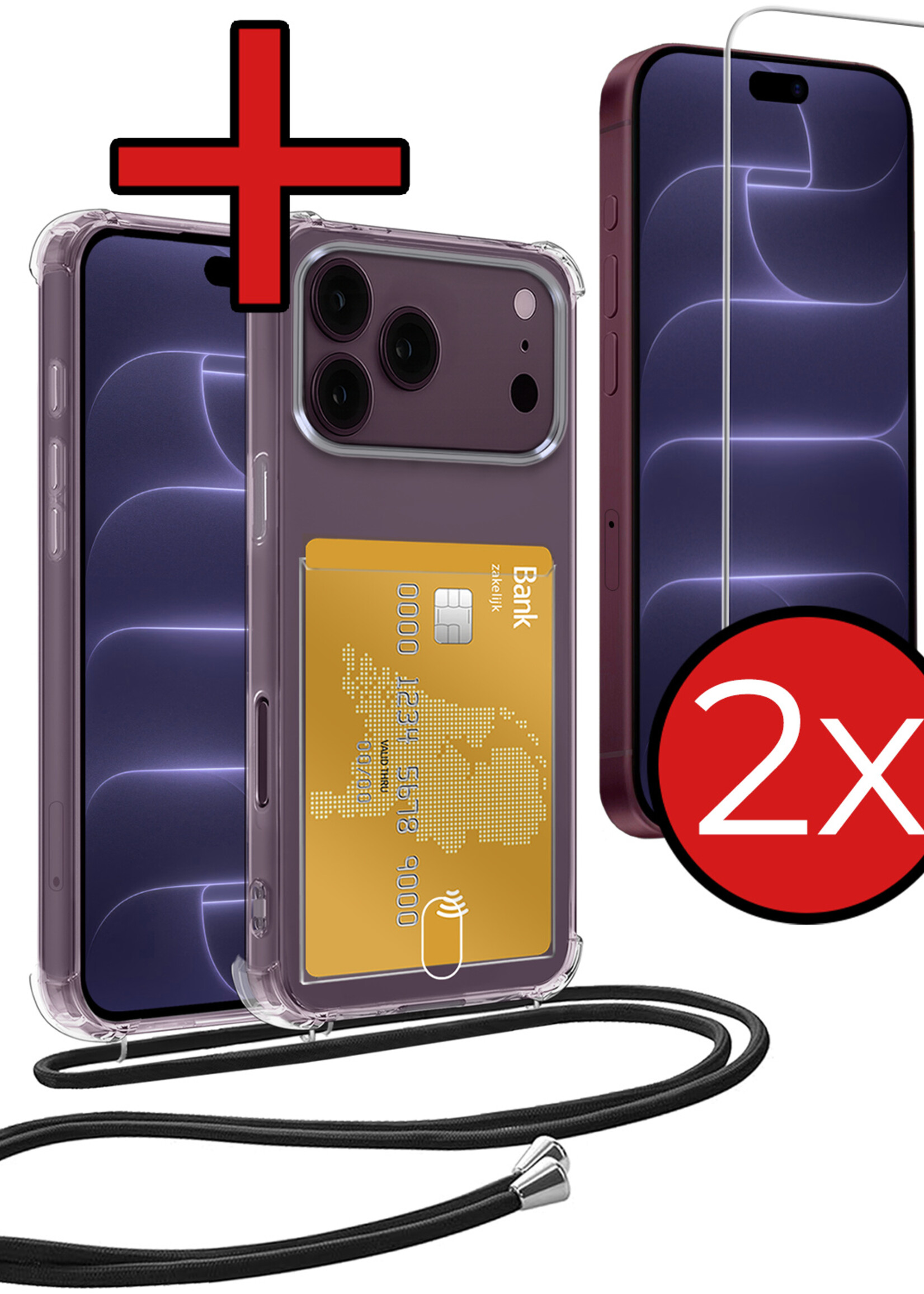 BTH BTH iPhone 18 Pro Max Hoesje Pashouder met Koord Met 2x Screenprotector