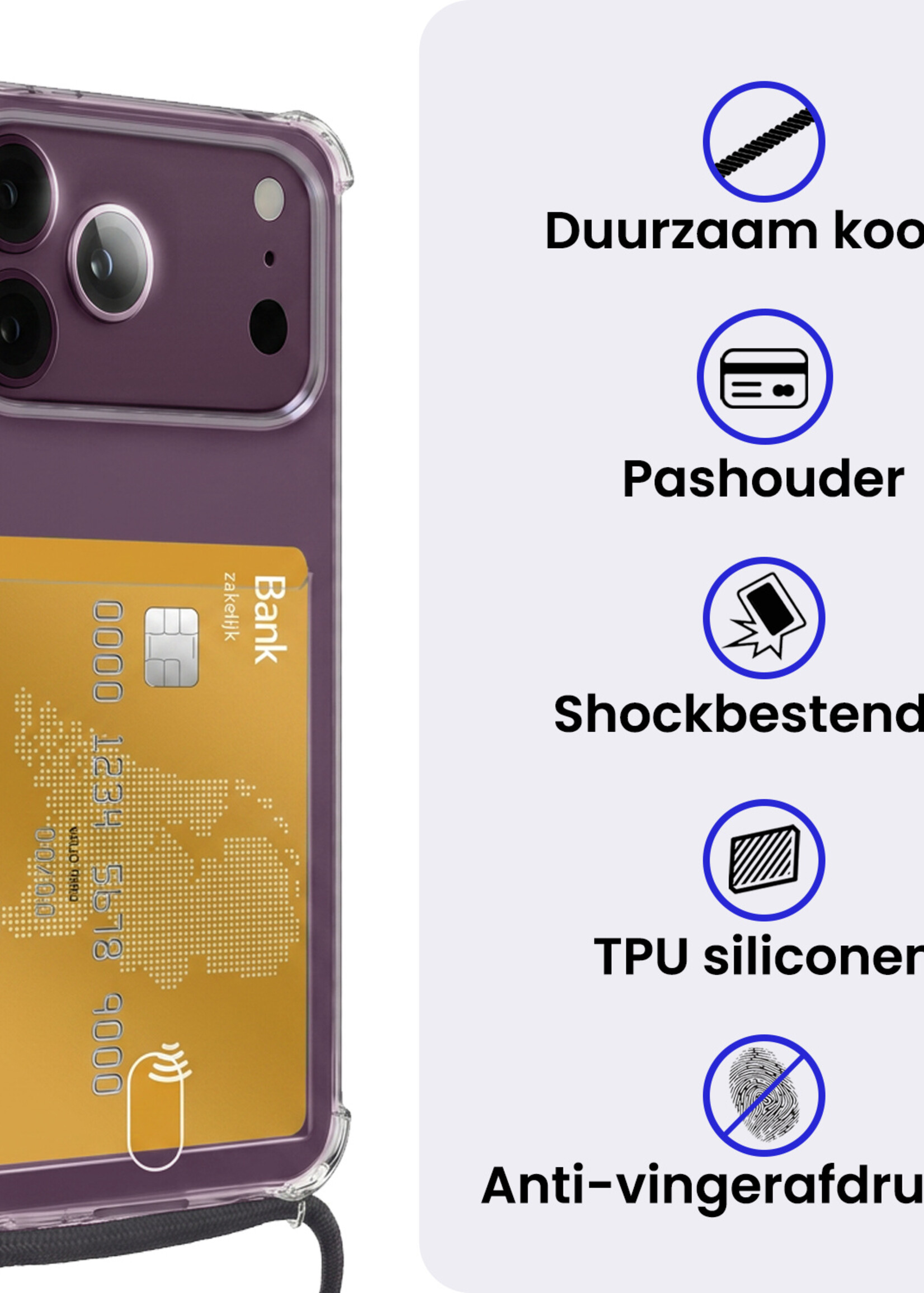 BTH BTH iPhone 18 Pro Max Hoesje Pashouder met Koord Met 2x Screenprotector