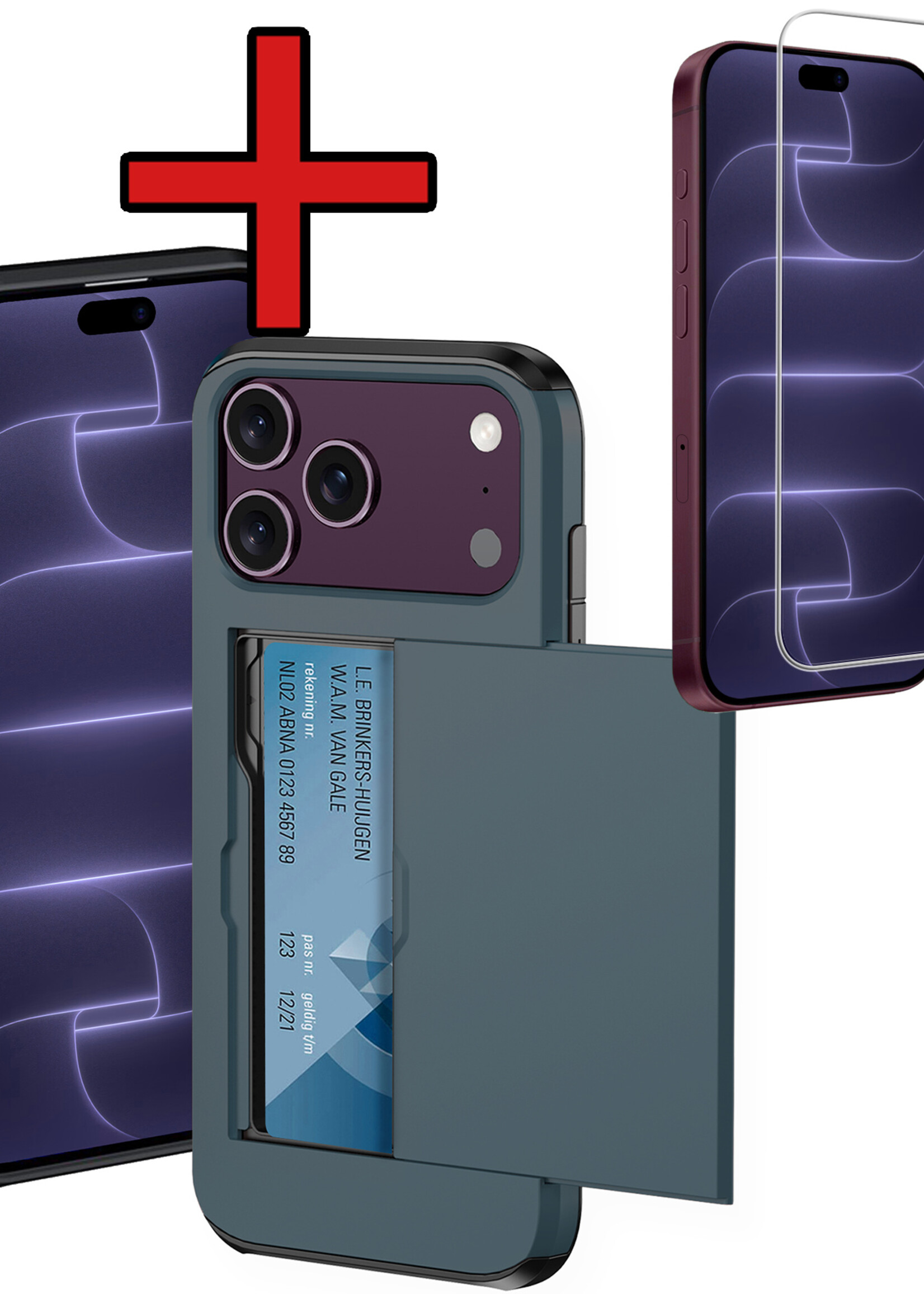 BTH BTH iPhone 18 Pro Hoesje Pashouder Hard Met Screenprotector - Donker Blauw
