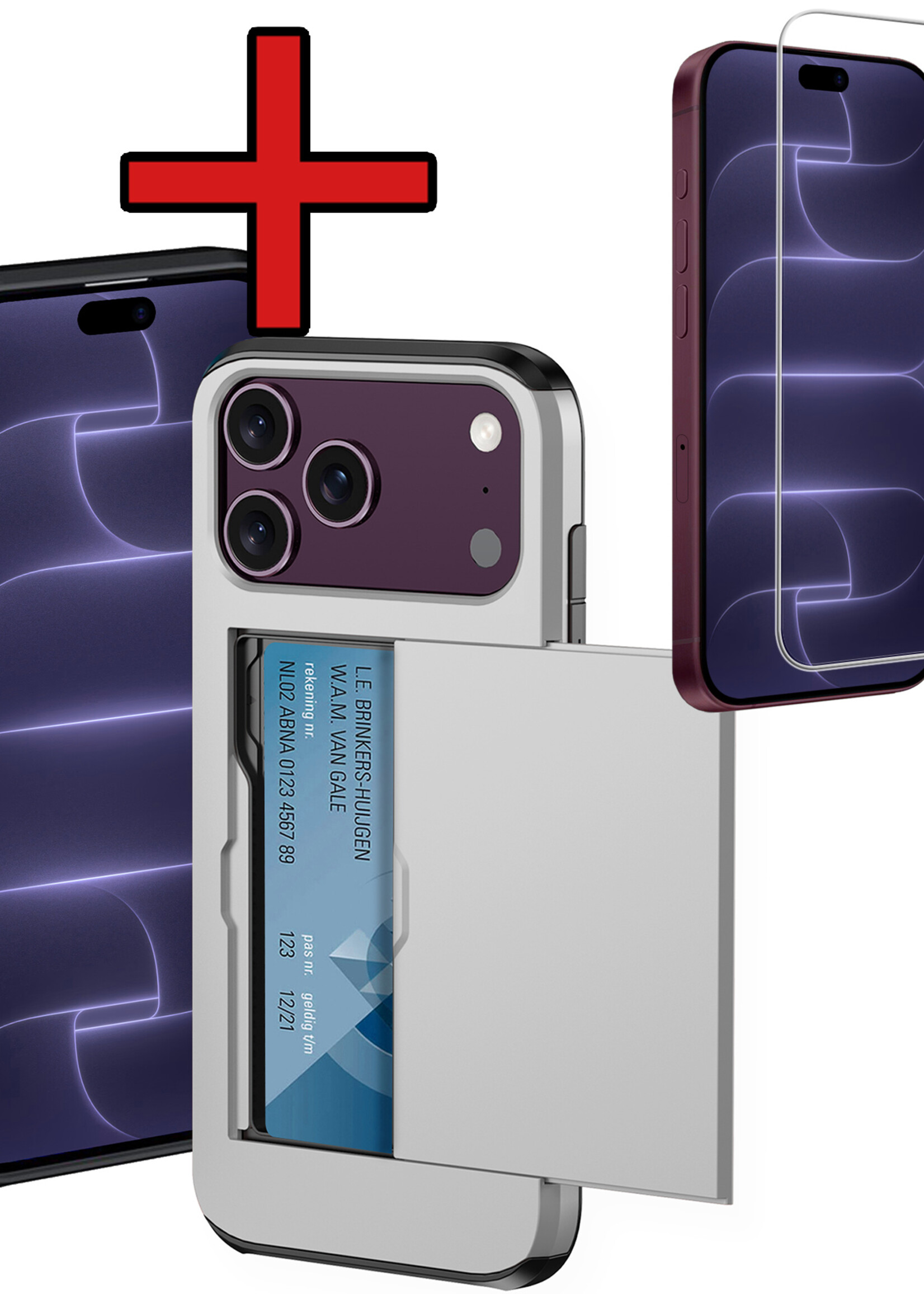 BTH BTH iPhone 18 Pro Hoesje Pashouder Hard Met Screenprotector - Grijs