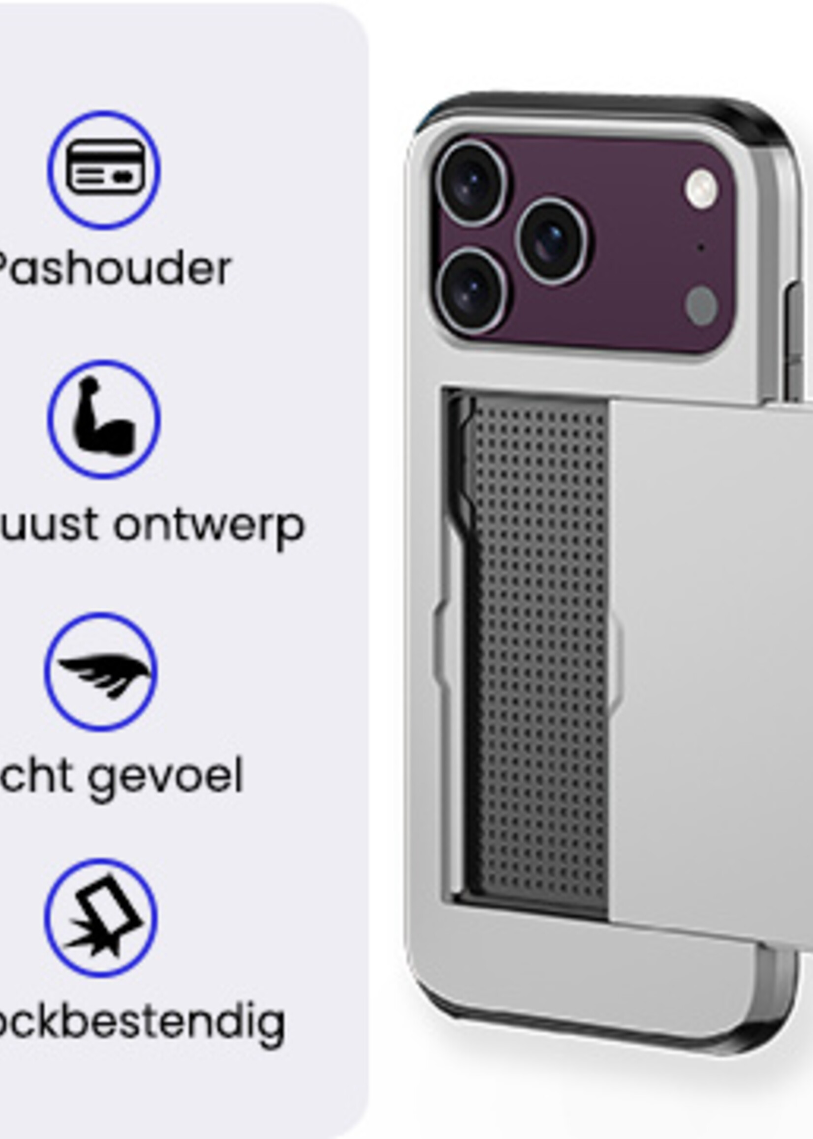 BTH BTH iPhone 18 Pro Hoesje Pashouder Hard Met Screenprotector - Grijs