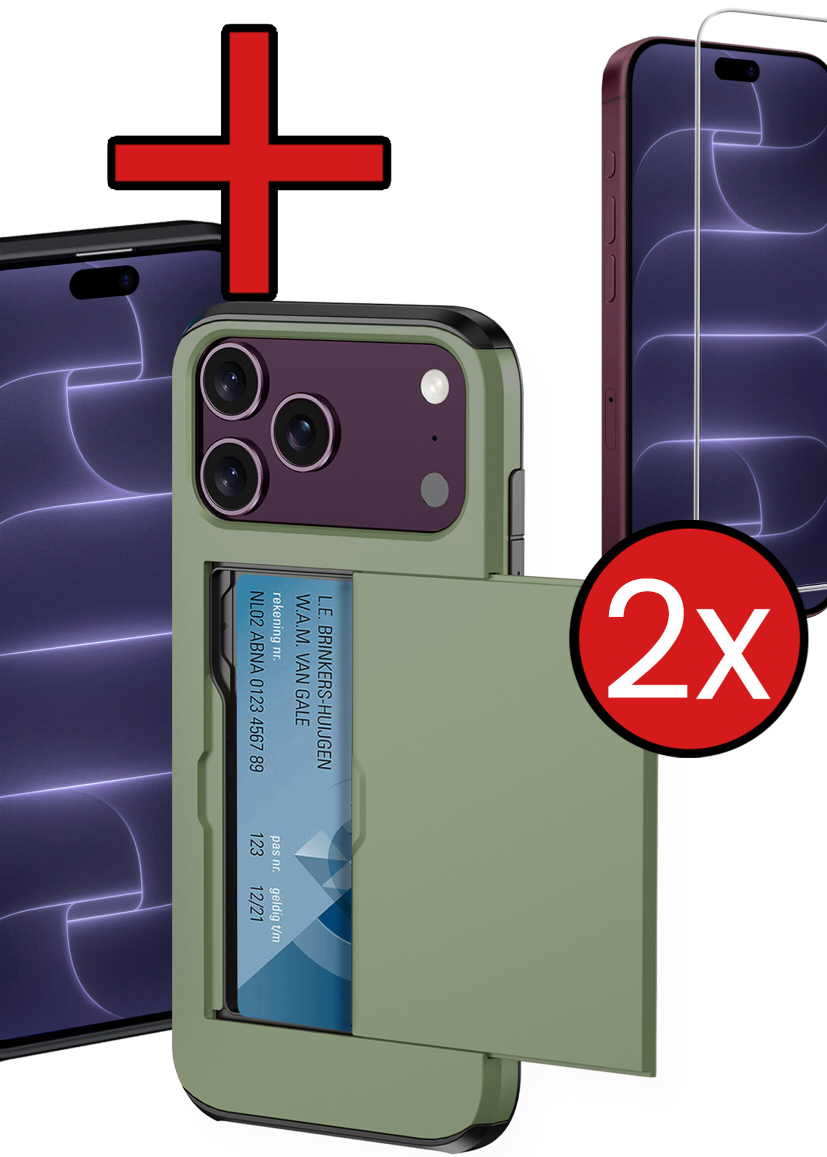 BTH BTH iPhone 18 Pro Hoesje Pashouder Hard Met 2x Screenprotector - Donker Groen