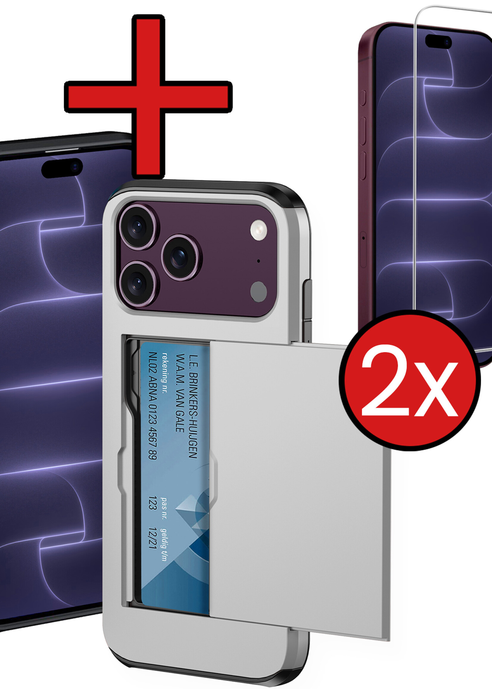 BTH BTH iPhone 18 Pro Hoesje Pashouder Hard Met 2x Screenprotector - Grijs