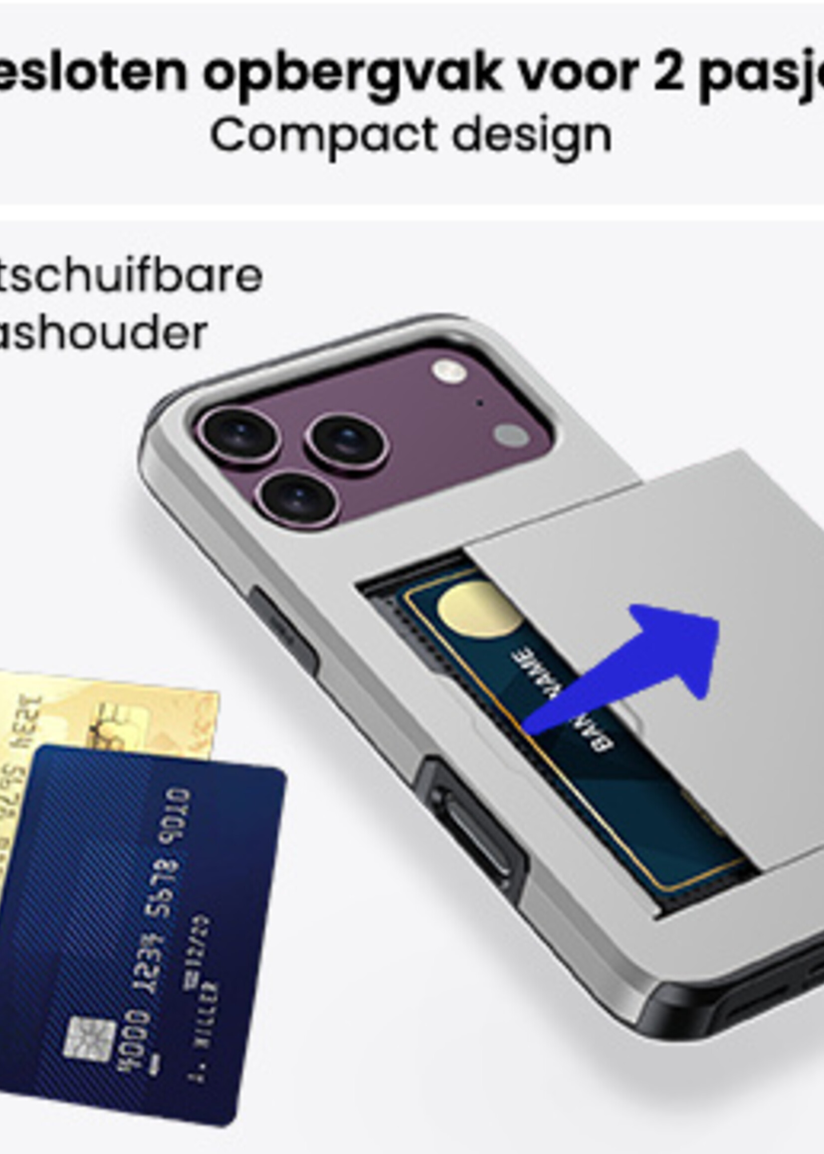 BTH BTH iPhone 18 Pro Hoesje Pashouder Hard Met 2x Screenprotector - Grijs