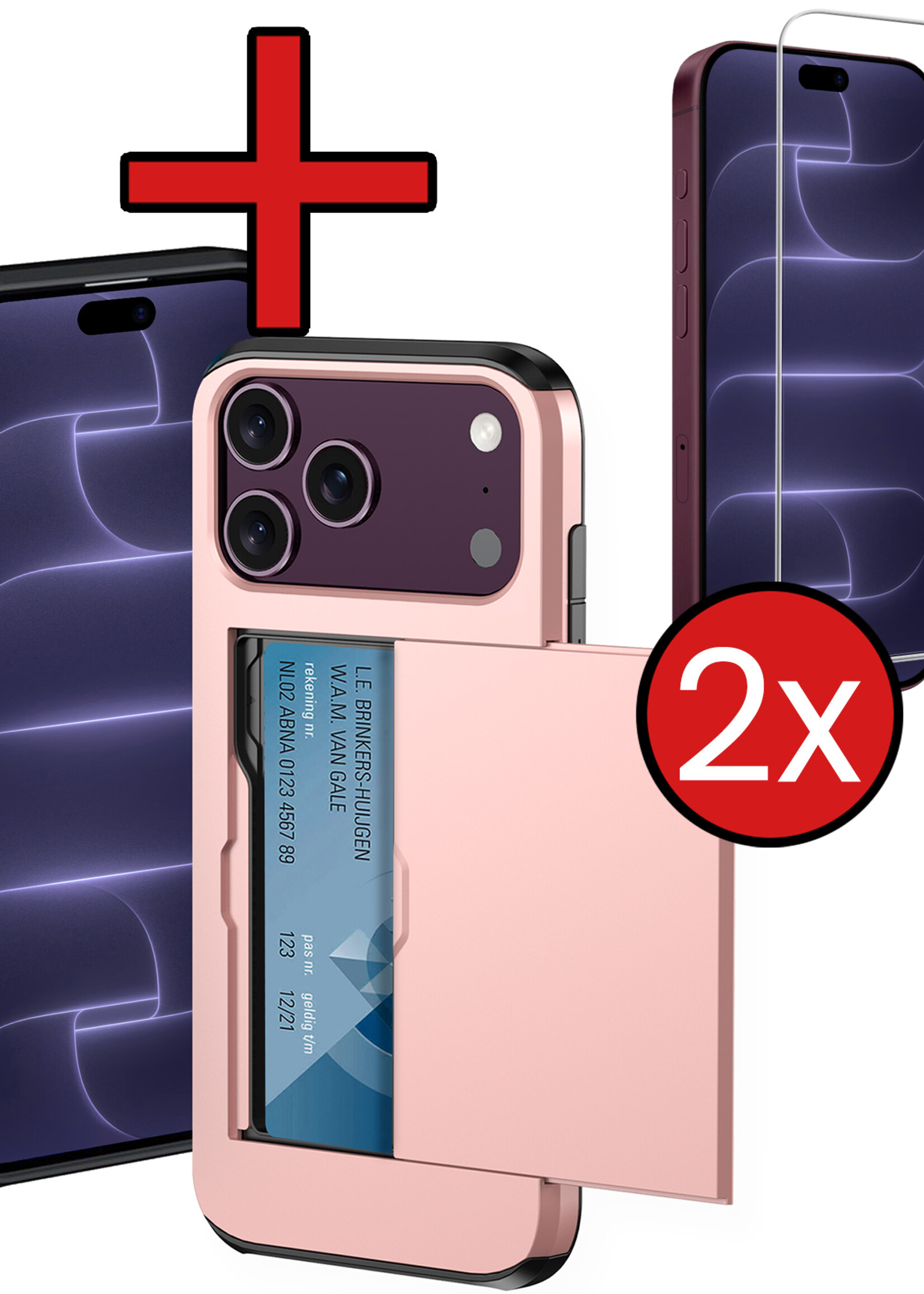 BTH BTH iPhone 18 Pro Hoesje Pashouder Hard Met 2x Screenprotector - Rose Goud