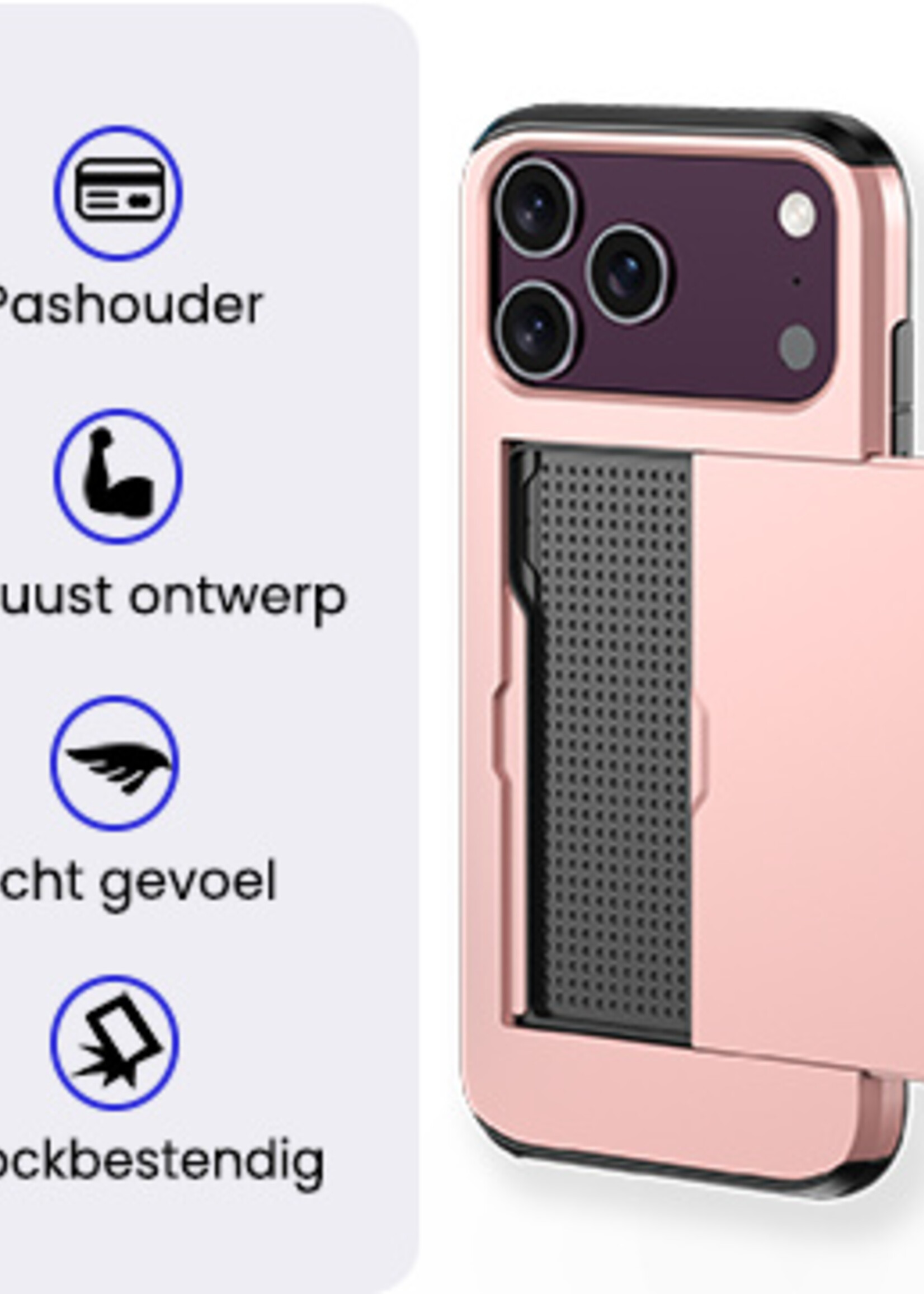 BTH BTH iPhone 18 Pro Hoesje Pashouder Hard Met 2x Screenprotector - Rose Goud