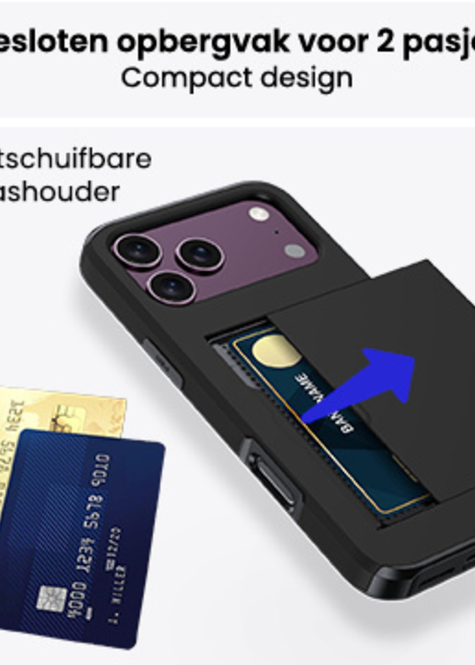 BTH BTH iPhone 18 Pro Hoesje Pashouder Hard Met 2x Screenprotector - Zwart